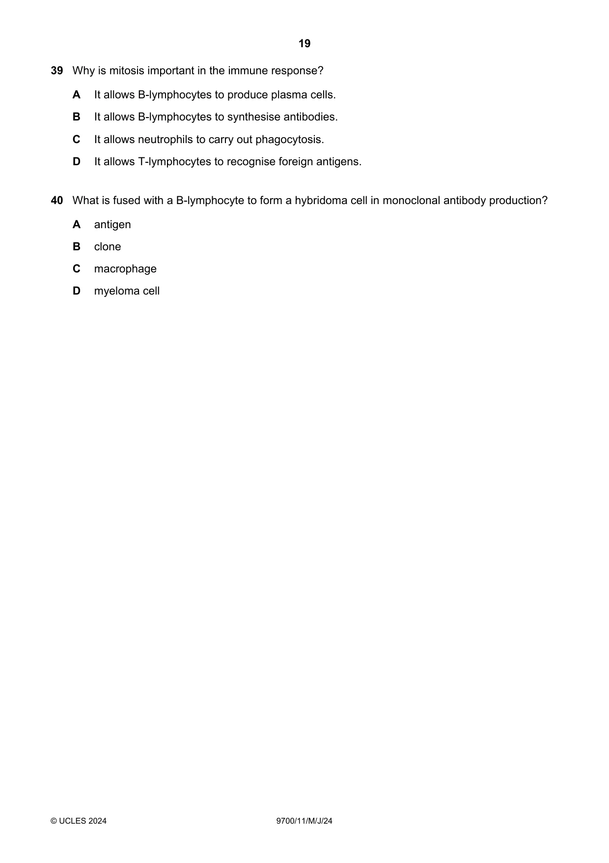 Cambridge A Level Biology 9700 2024 May/June Paper 1 · Variant 1 question paper, page 19 of 20