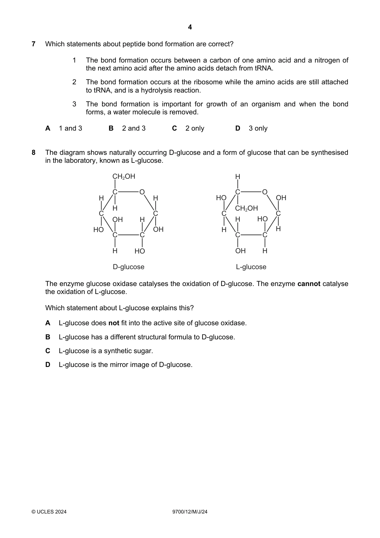 Cambridge A Level Biology 9700 2024 May/June Paper 1 · Variant 2 question paper, page 4 of 20