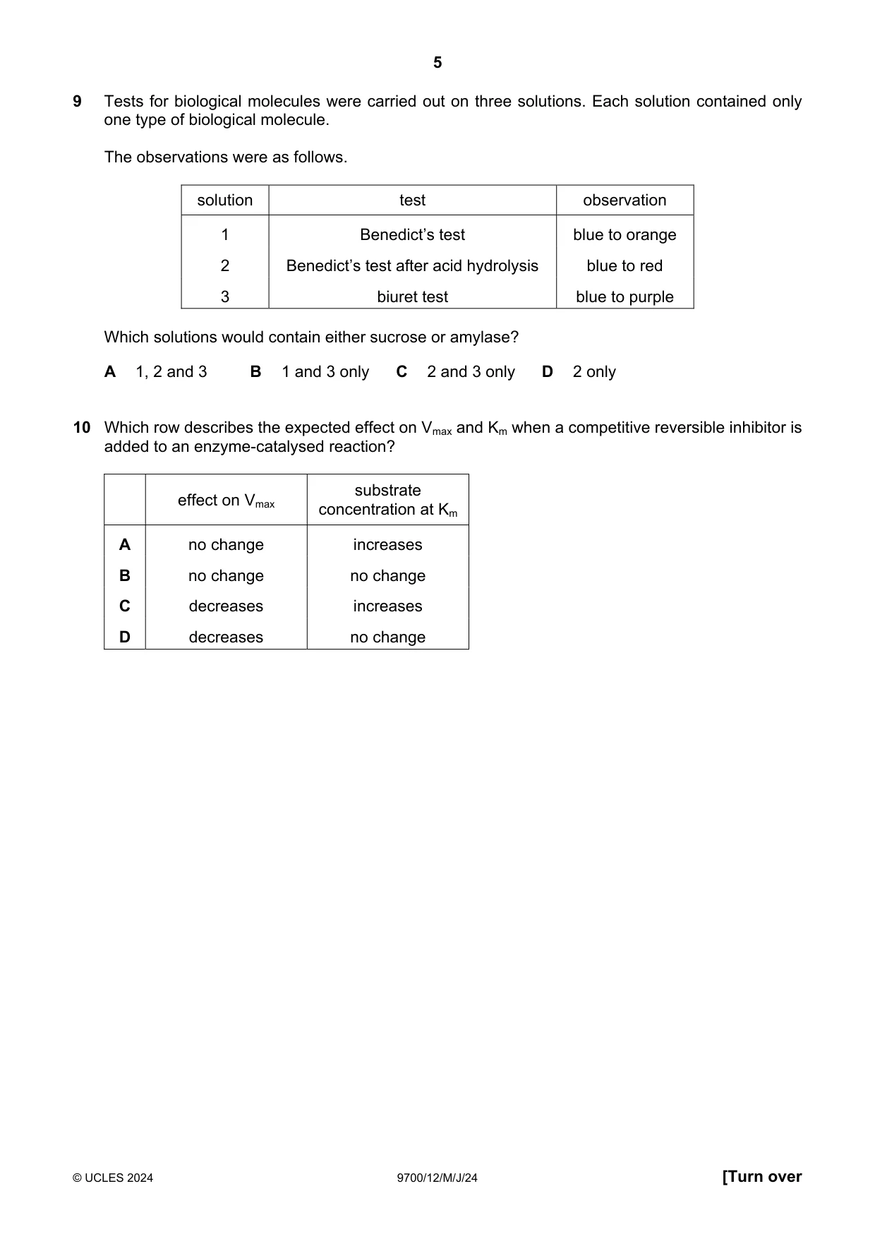 Cambridge A Level Biology 9700 2024 May/June Paper 1 · Variant 2 question paper, page 5 of 20