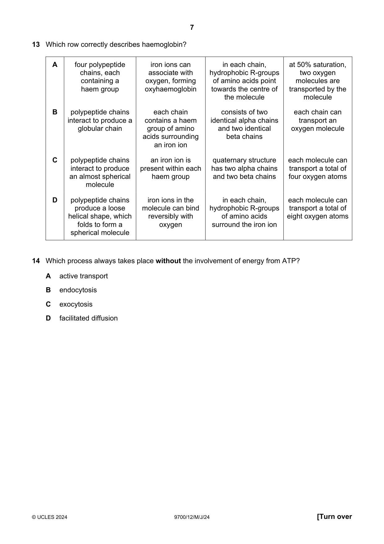 Cambridge A Level Biology 9700 2024 May/June Paper 1 · Variant 2 question paper, page 7 of 20