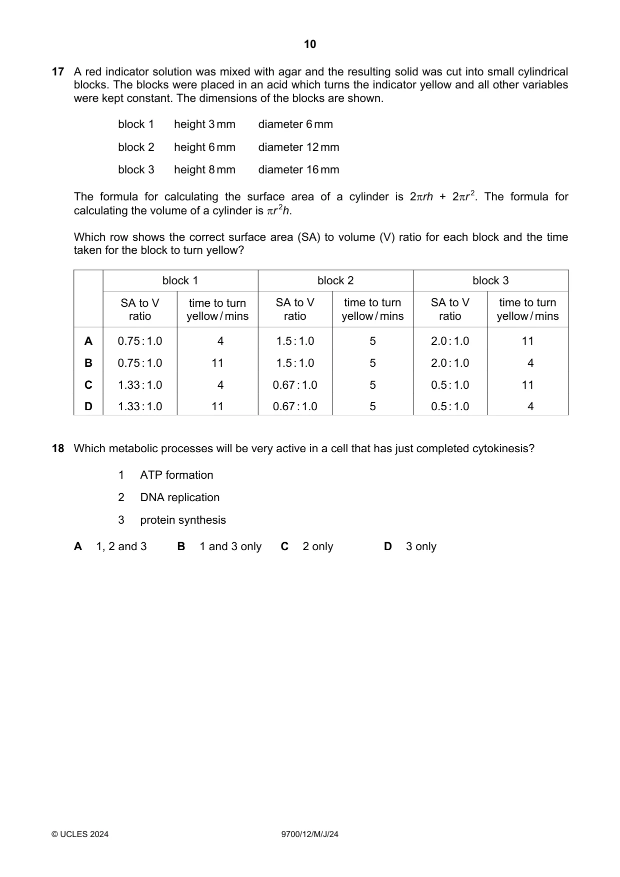 Cambridge A Level Biology 9700 2024 May/June Paper 1 · Variant 2 question paper, page 10 of 20