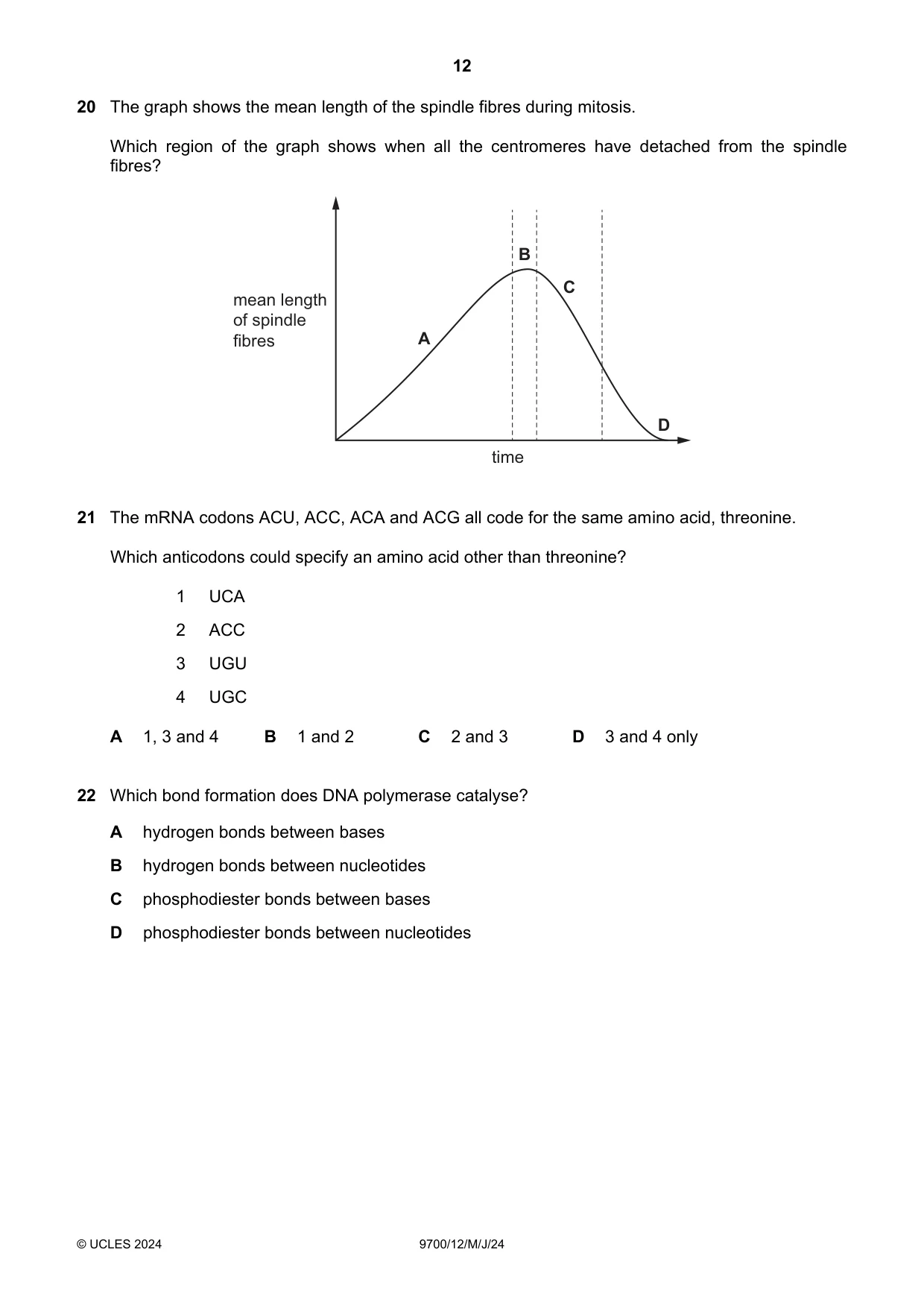 Cambridge A Level Biology 9700 2024 May/June Paper 1 · Variant 2 question paper, page 12 of 20