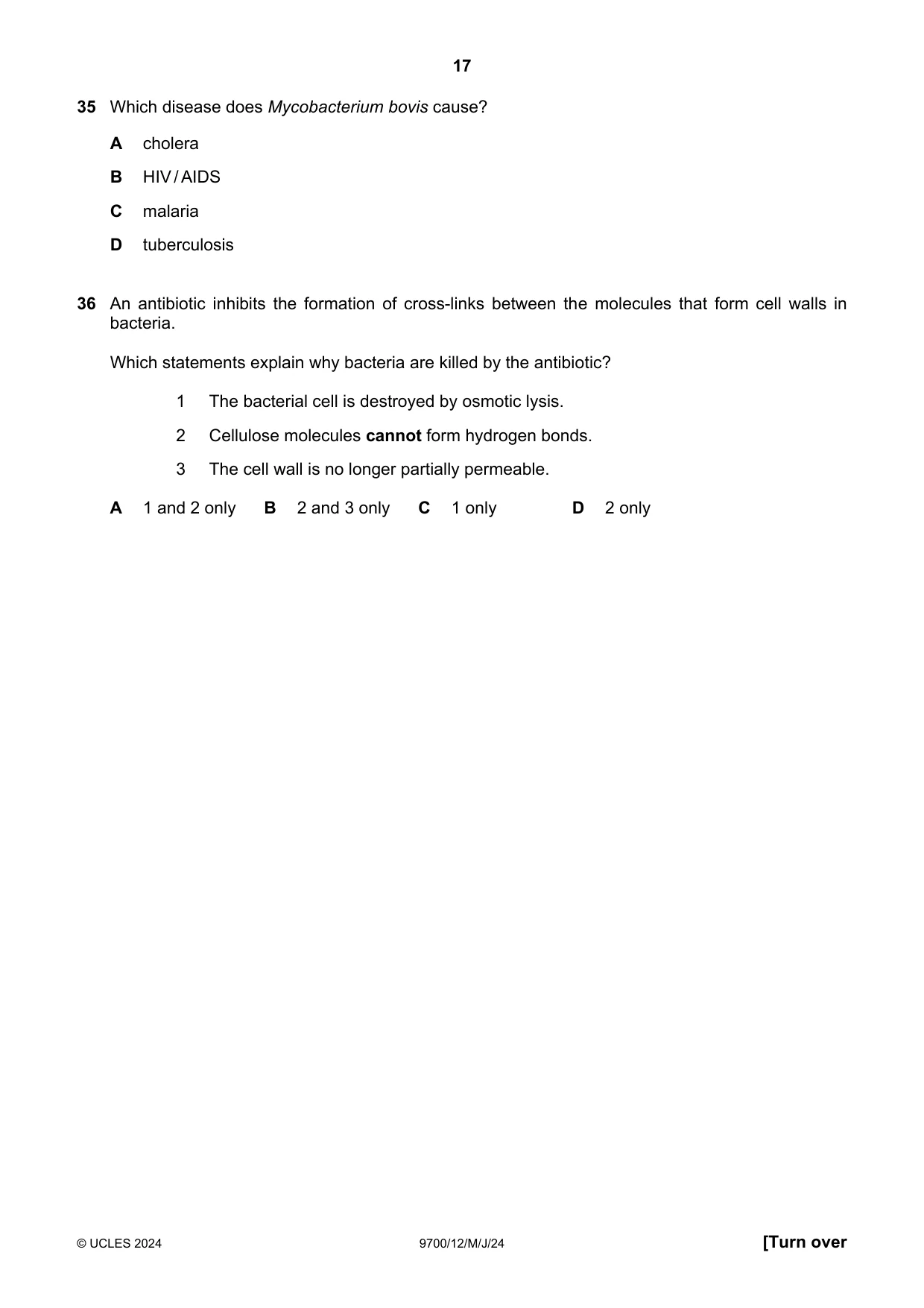 Cambridge A Level Biology 9700 2024 May/June Paper 1 · Variant 2 question paper, page 17 of 20