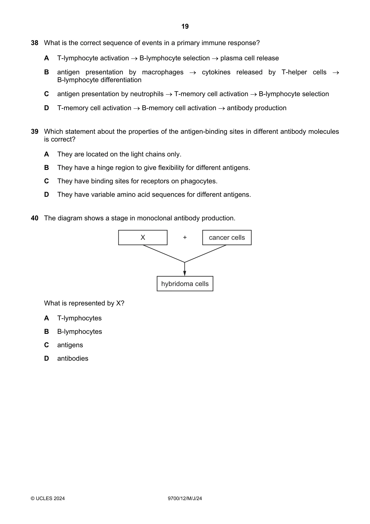 Cambridge A Level Biology 9700 2024 May/June Paper 1 · Variant 2 question paper, page 19 of 20