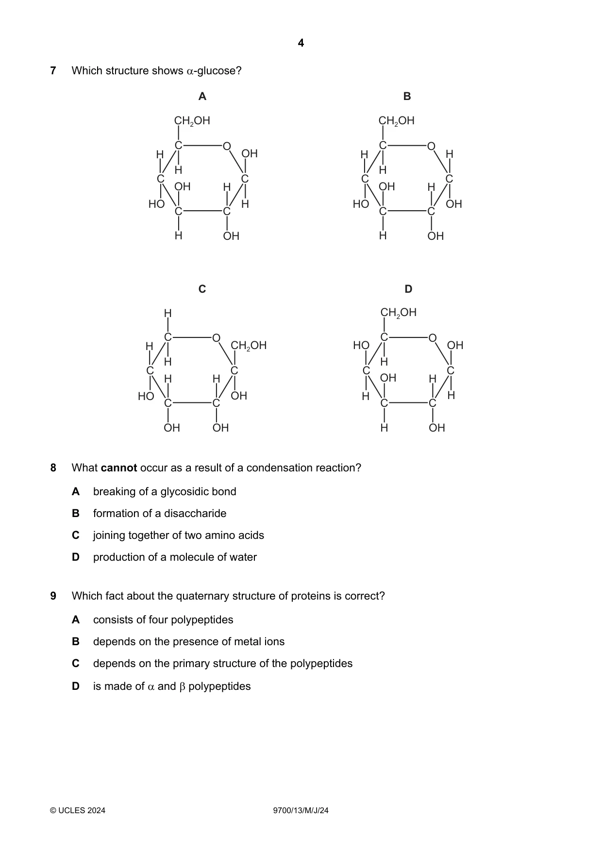 Cambridge A Level Biology 9700 2024 May/June Paper 1 · Variant 3 question paper, page 4 of 20