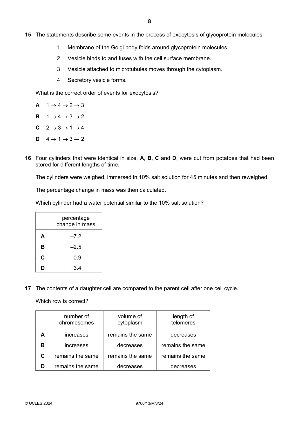 Cambridge A Level Biology 9700 2024 May/June Paper 1 · Variant 3 question paper, page 8 of 20