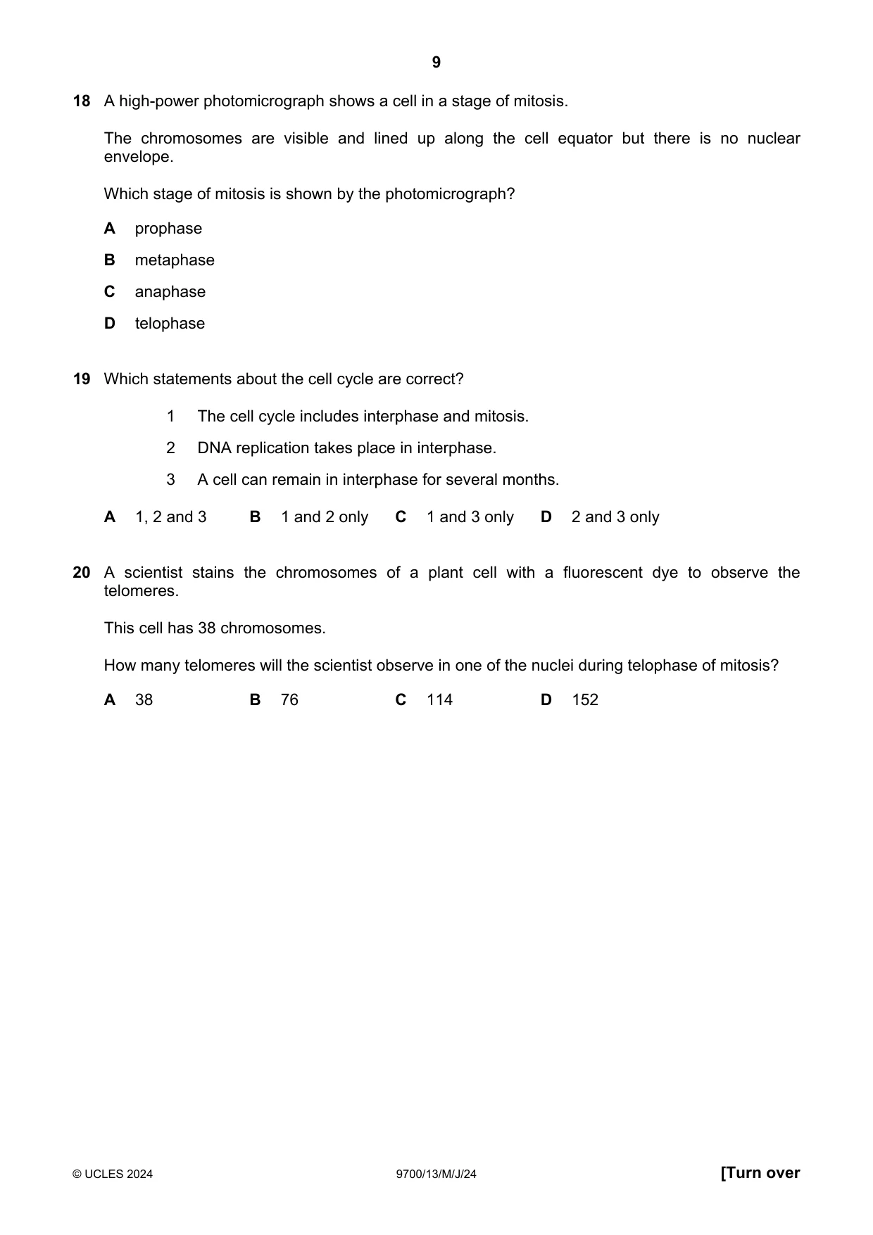 Cambridge A Level Biology 9700 2024 May/June Paper 1 · Variant 3 question paper, page 9 of 20