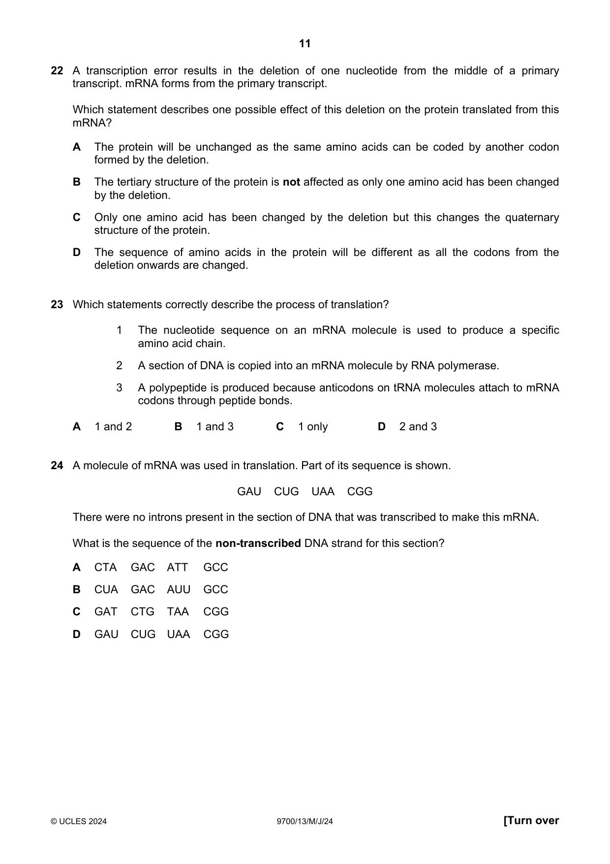 Cambridge A Level Biology 9700 2024 May/June Paper 1 · Variant 3 question paper, page 11 of 20