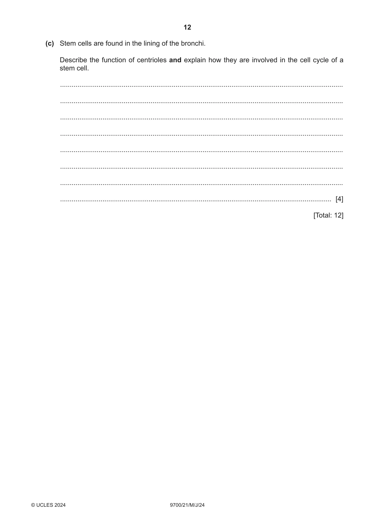Cambridge A Level Biology 9700 2024 May/June Paper 2 · Variant 1 question paper, page 12 of 20
