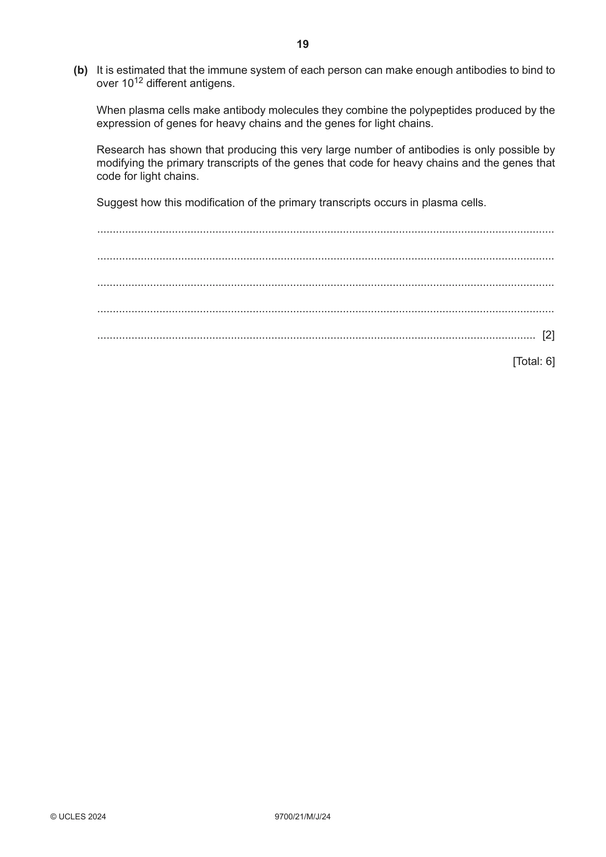 Cambridge A Level Biology 9700 2024 May/June Paper 2 · Variant 1 question paper, page 19 of 20