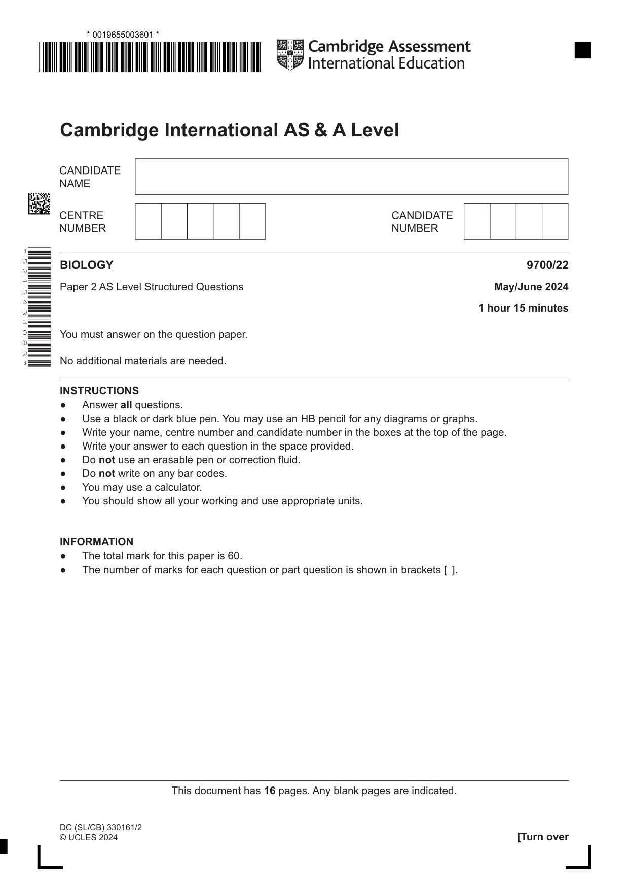 Cambridge A Level Biology 9700 2024 May/June Paper 2 · Variant 2 question paper, page 1 of 16