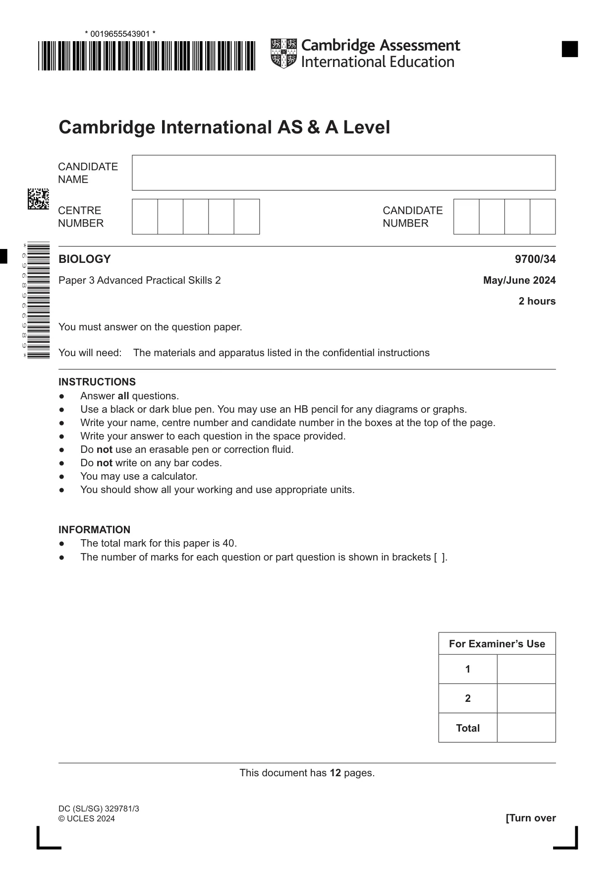 Cambridge A Level Biology 9700 2024 May/June Paper 3 · Variant 4 question paper, page 1 of 12
