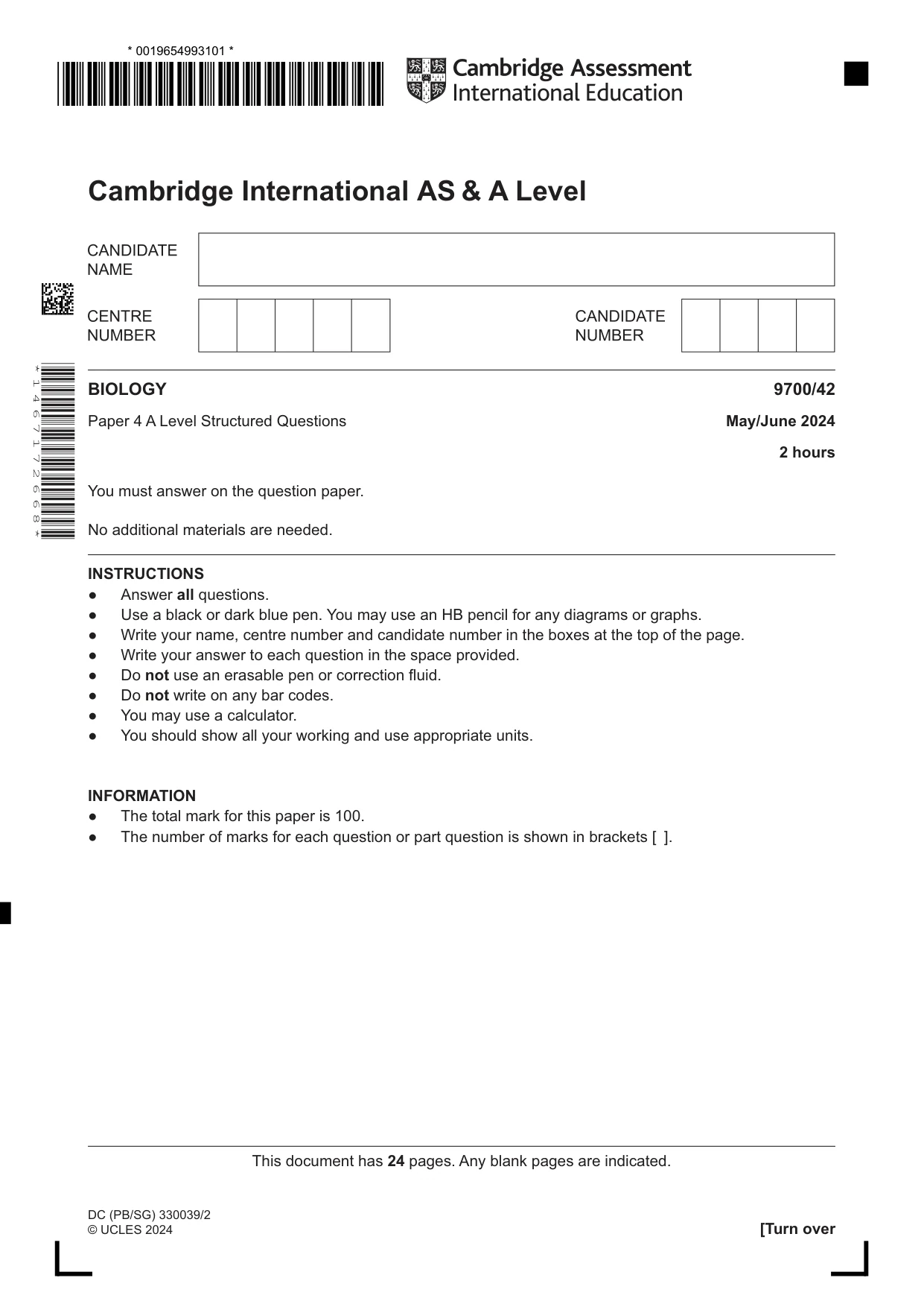 Cambridge A Level Biology 9700 2024 May/June Paper 4 · Variant 2 question paper, page 1 of 24