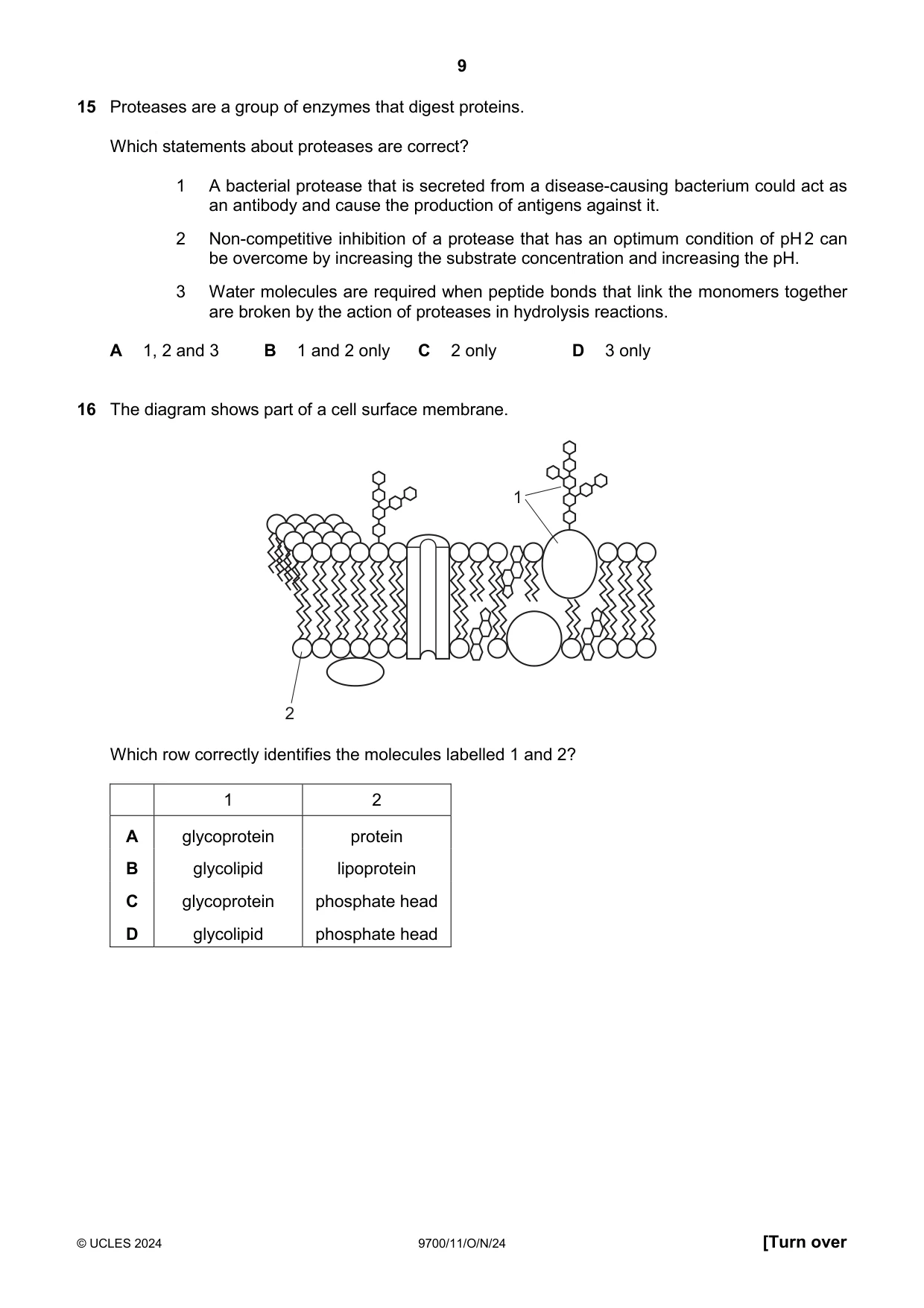 Cambridge A Level Biology 9700 2024 Oct/Nov Paper 1 · Variant 1 question paper, page 9 of 20