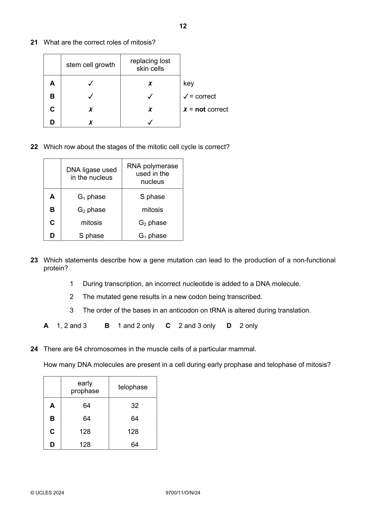 Cambridge A Level Biology 9700 2024 Oct/Nov Paper 1 · Variant 1 question paper, page 12 of 20