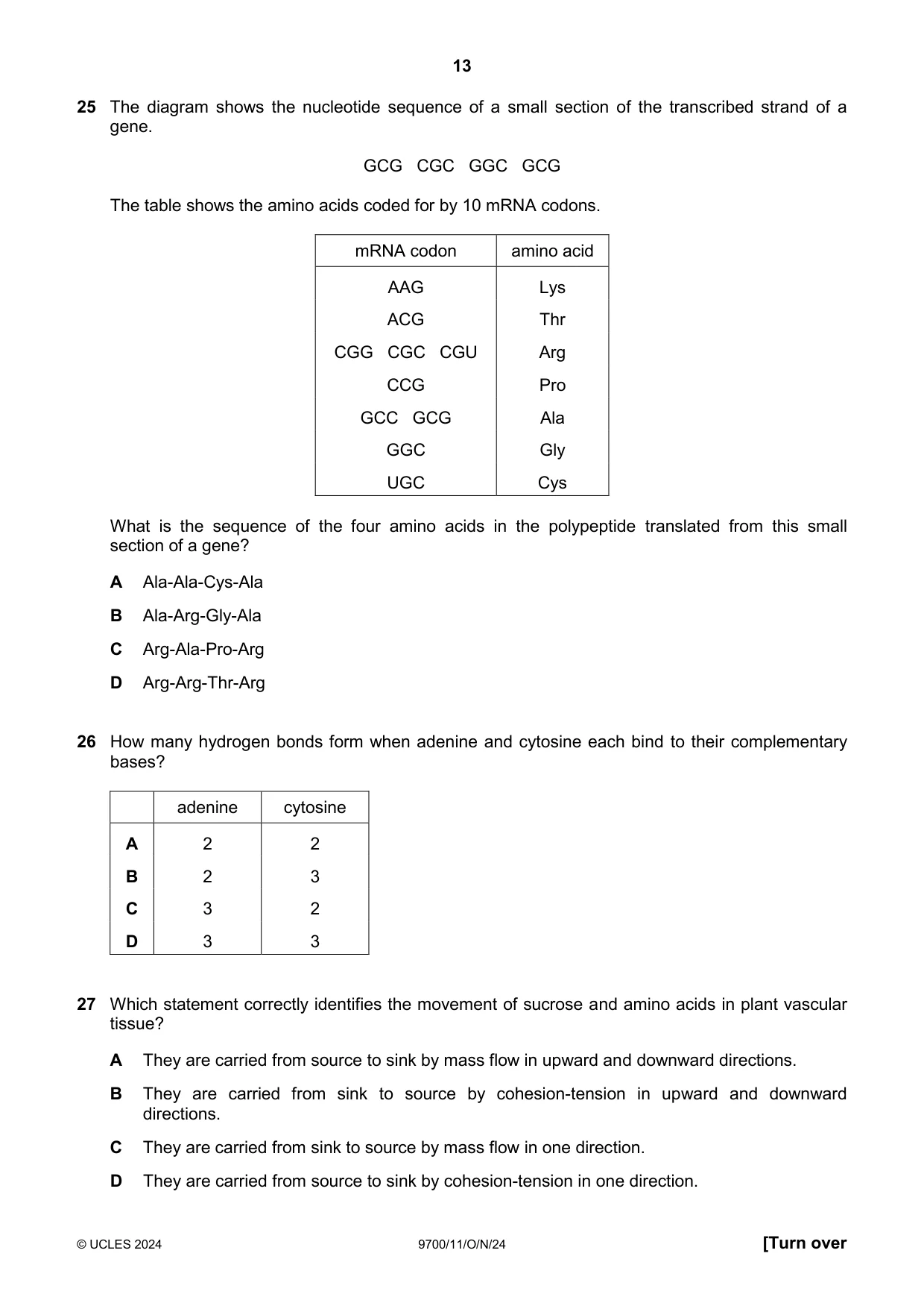Cambridge A Level Biology 9700 2024 Oct/Nov Paper 1 · Variant 1 question paper, page 13 of 20