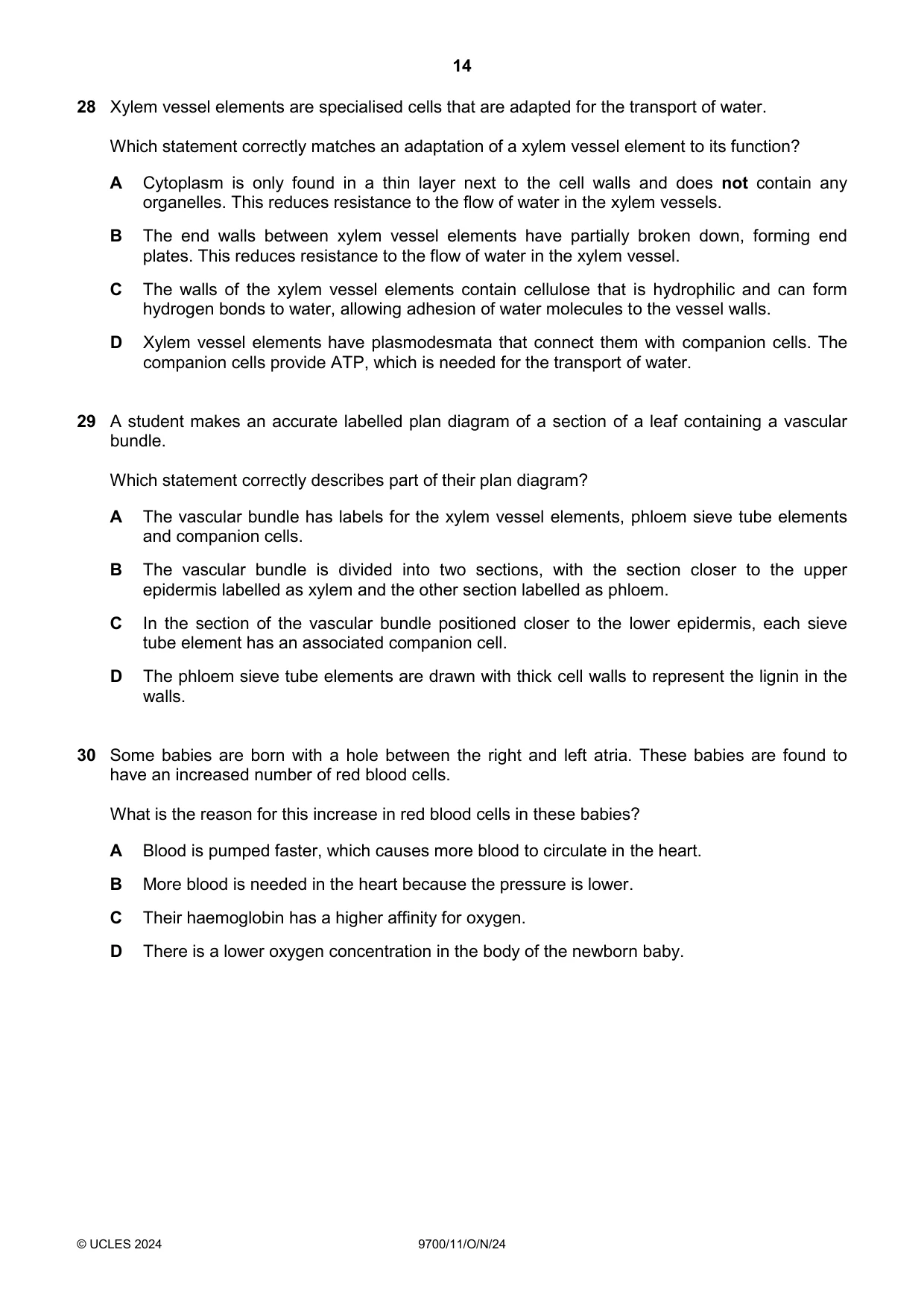 Cambridge A Level Biology 9700 2024 Oct/Nov Paper 1 · Variant 1 question paper, page 14 of 20
