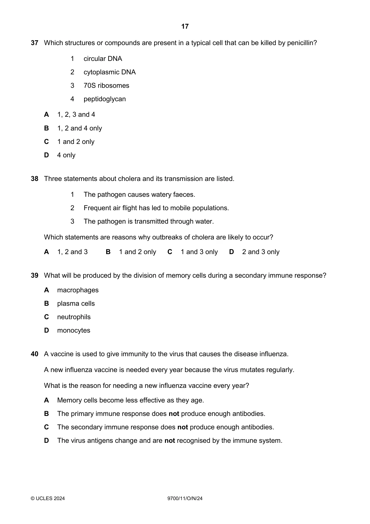 Cambridge A Level Biology 9700 2024 Oct/Nov Paper 1 · Variant 1 question paper, page 17 of 20