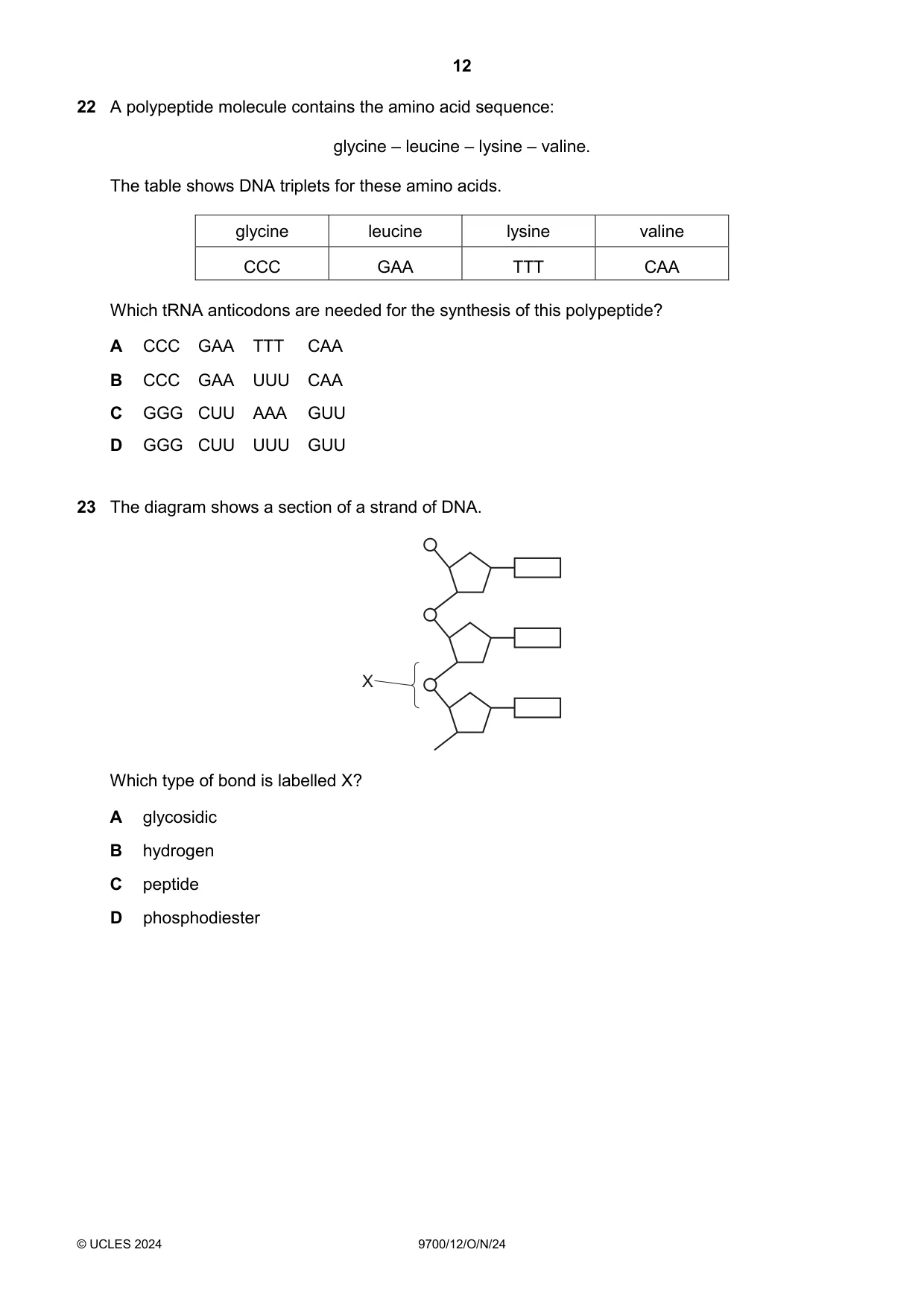 Cambridge A Level Biology 9700 2024 Oct/Nov Paper 1 · Variant 2 question paper, page 12 of 20