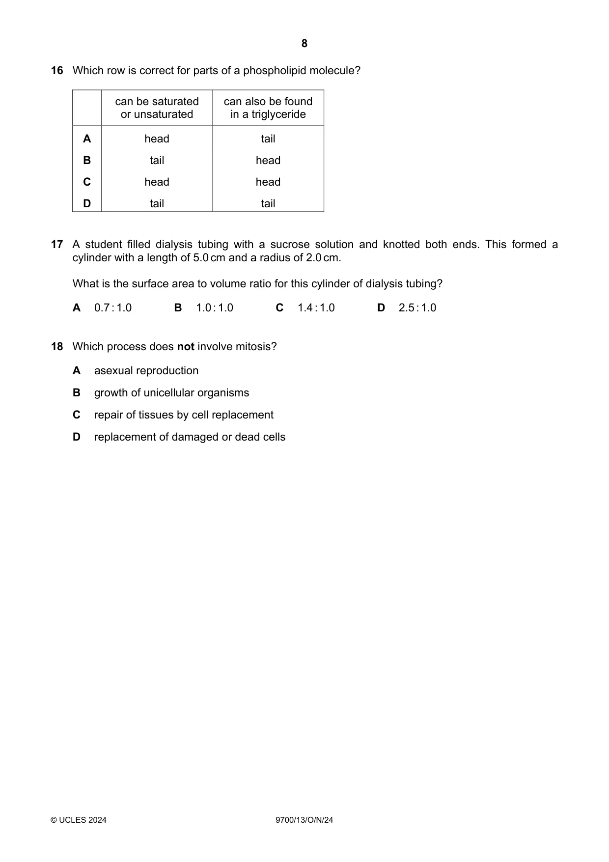 Cambridge A Level Biology 9700 2024 Oct/Nov Paper 1 · Variant 3 question paper, page 8 of 20
