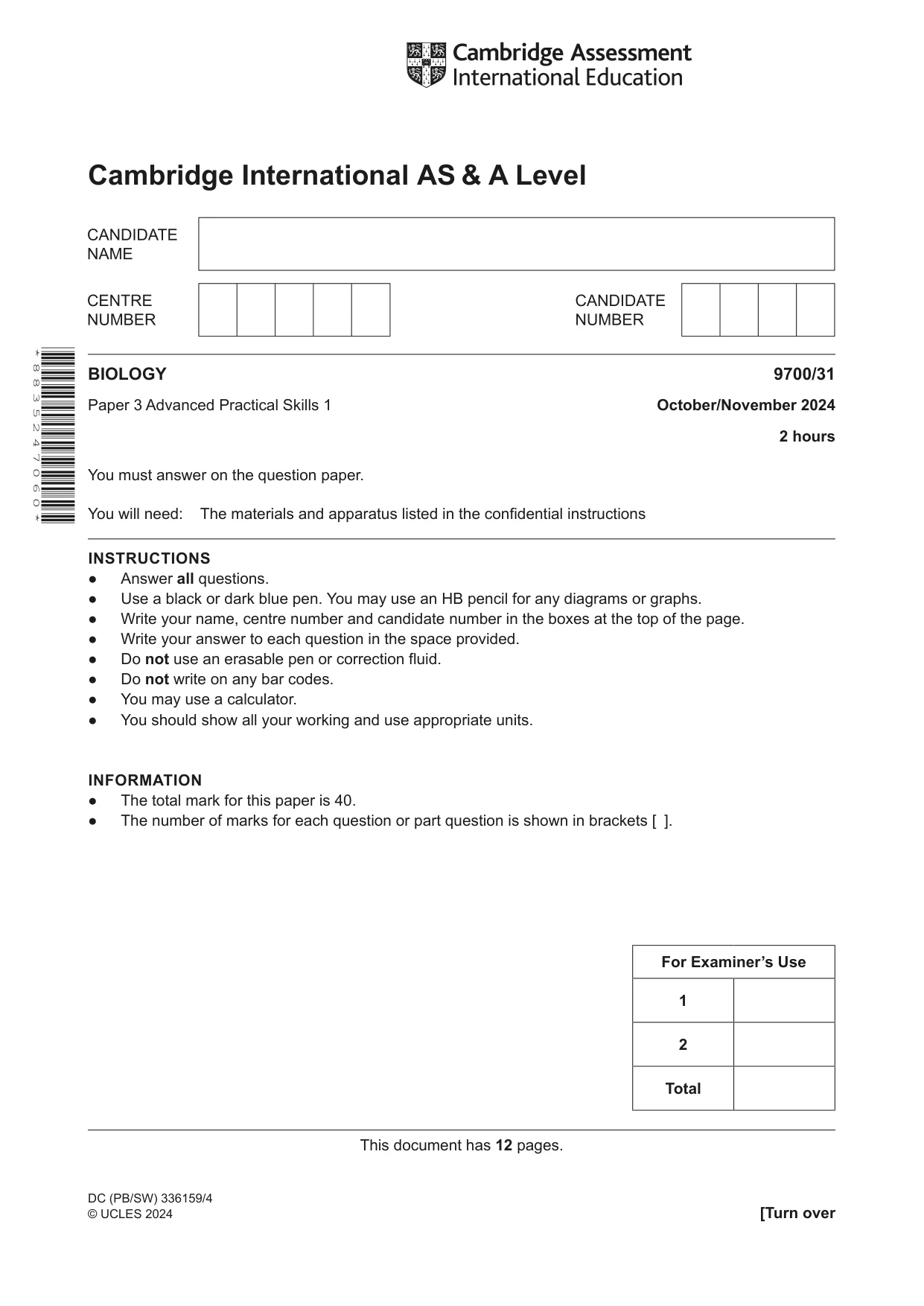 Cambridge A Level Biology 9700 2024 Oct/Nov Paper 3 · Variant 1 question paper, page 1 of 12