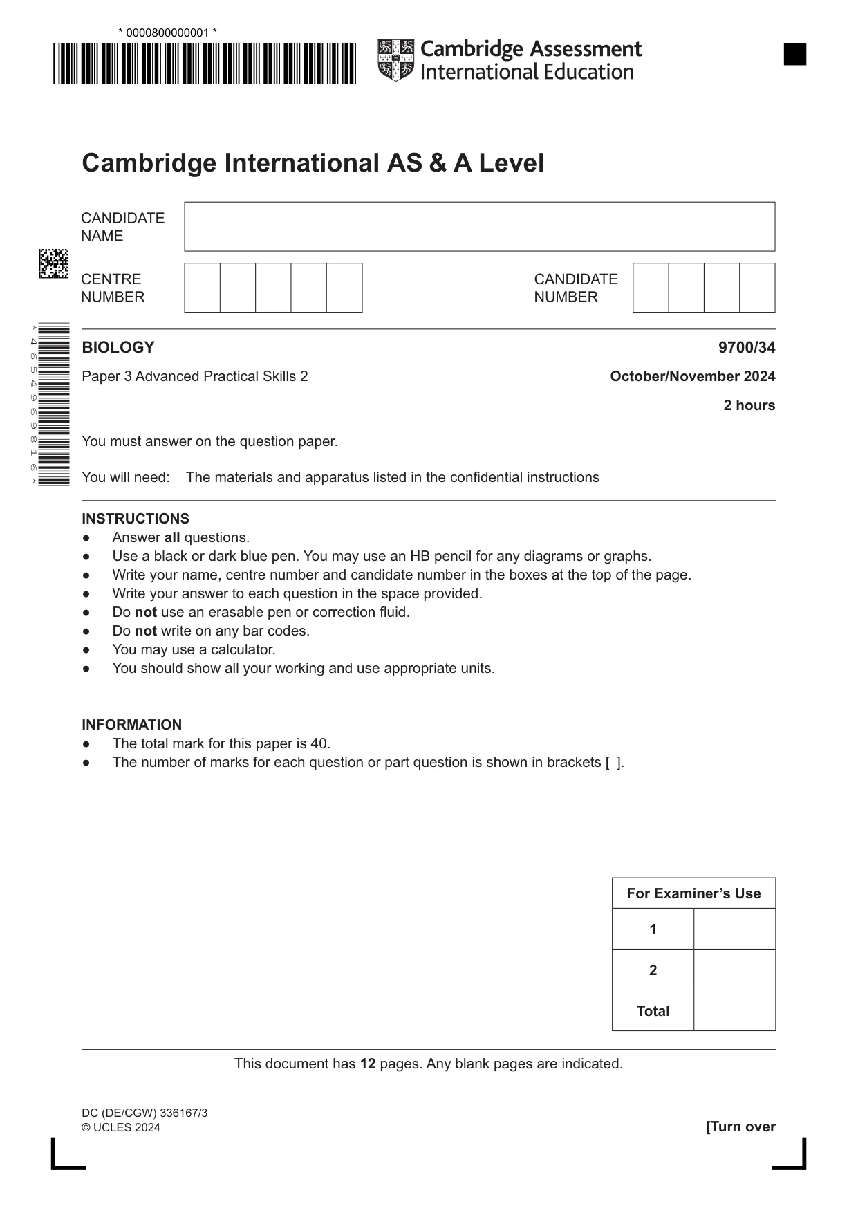 Cambridge A Level Biology 9700 2024 Oct/Nov Paper 3 · Variant 4 question paper, page 1 of 12