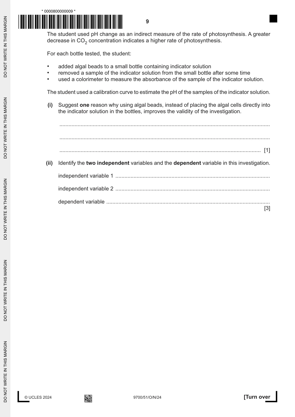 Cambridge A Level Biology 9700 2024 Oct/Nov Paper 5 · Variant 1 question paper, page 9 of 16