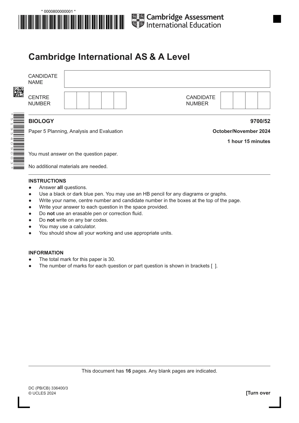 Cambridge A Level Biology 9700 2024 Oct/Nov Paper 5 · Variant 2 question paper, page 1 of 16