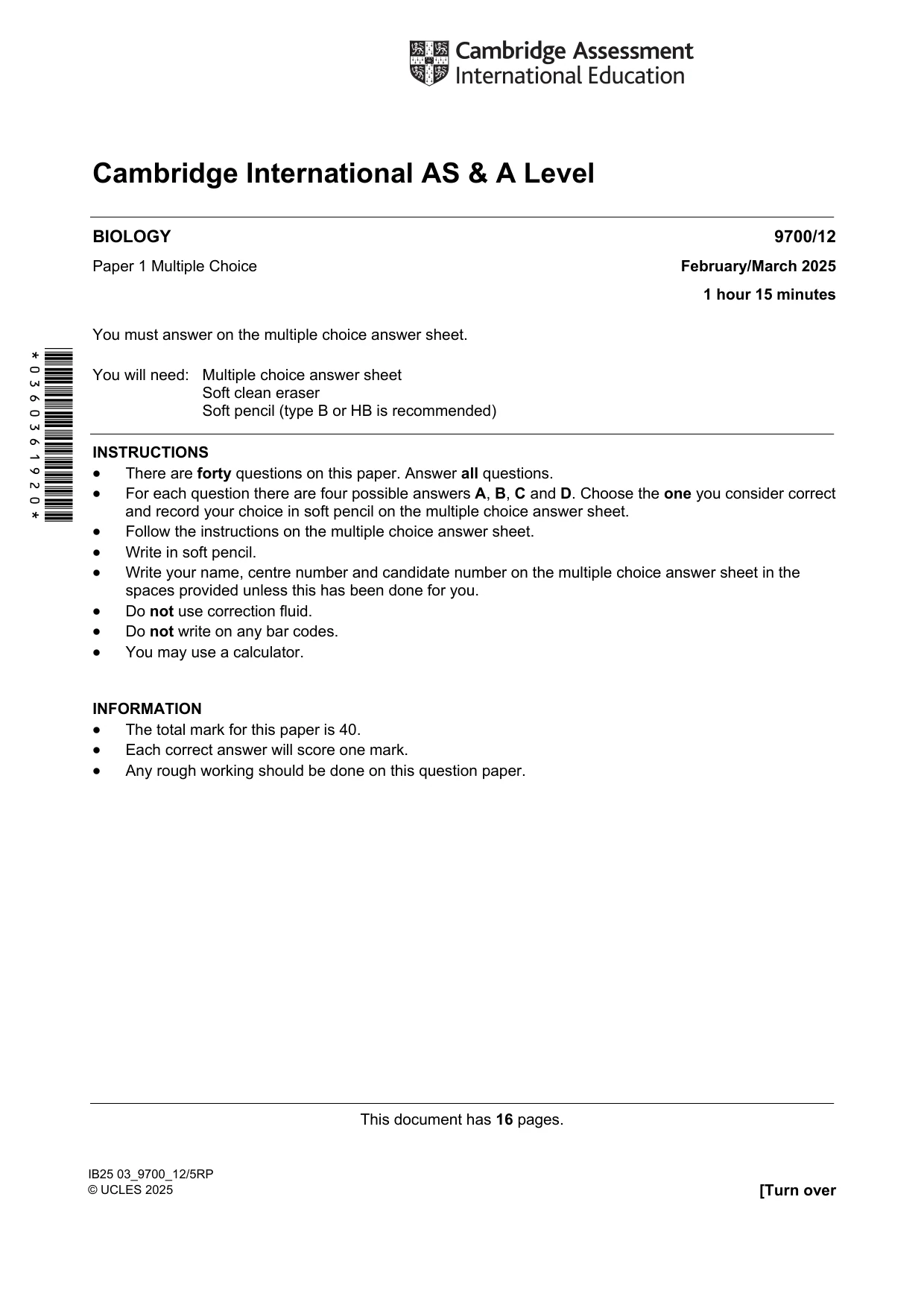 Cambridge A Level Biology 9700 2025 Feb/March Paper 1 · Variant 2 question paper, page 1 of 16