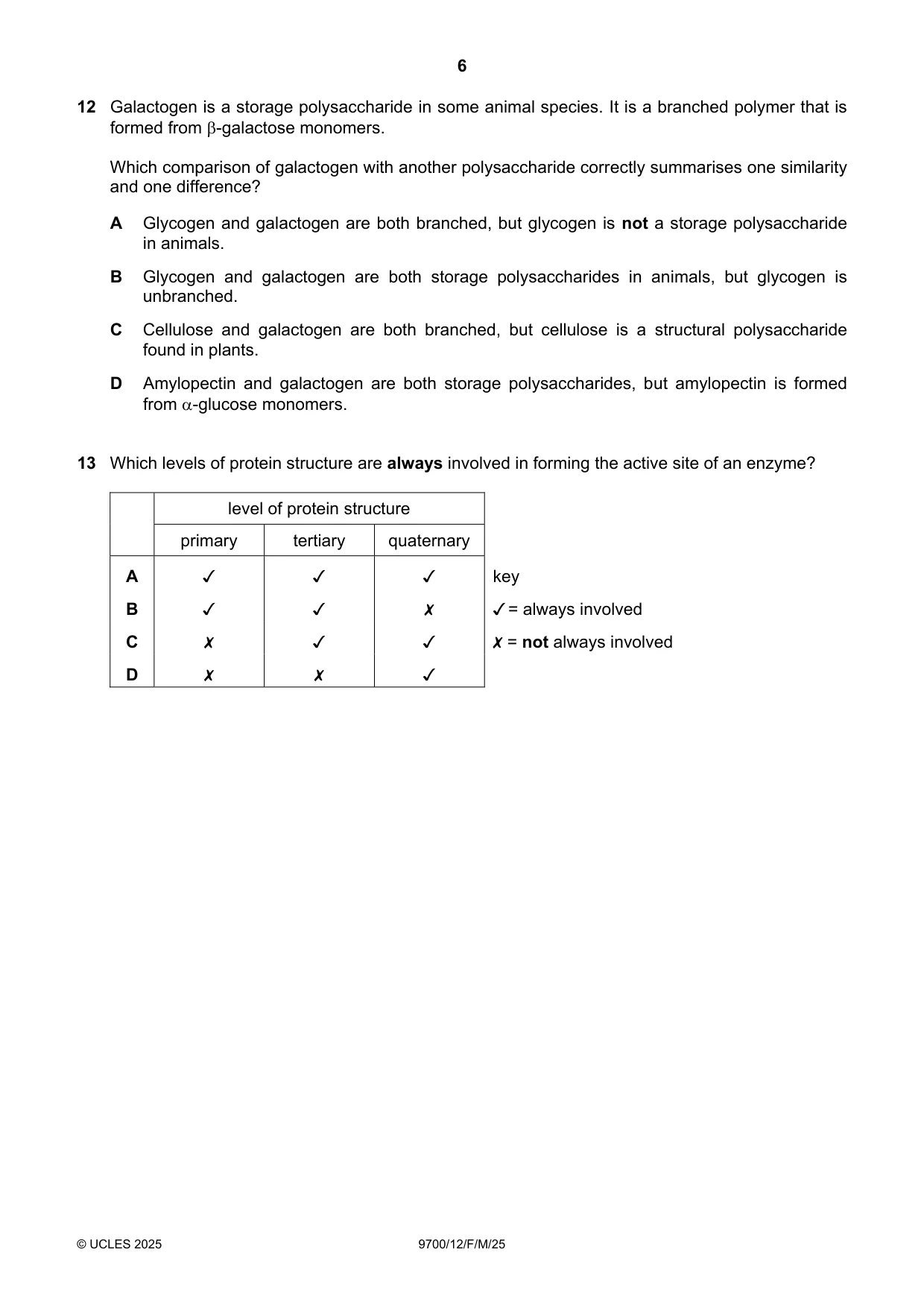 Cambridge A Level Biology 9700 2025 Feb/March Paper 1 · Variant 2 question paper, page 6 of 16