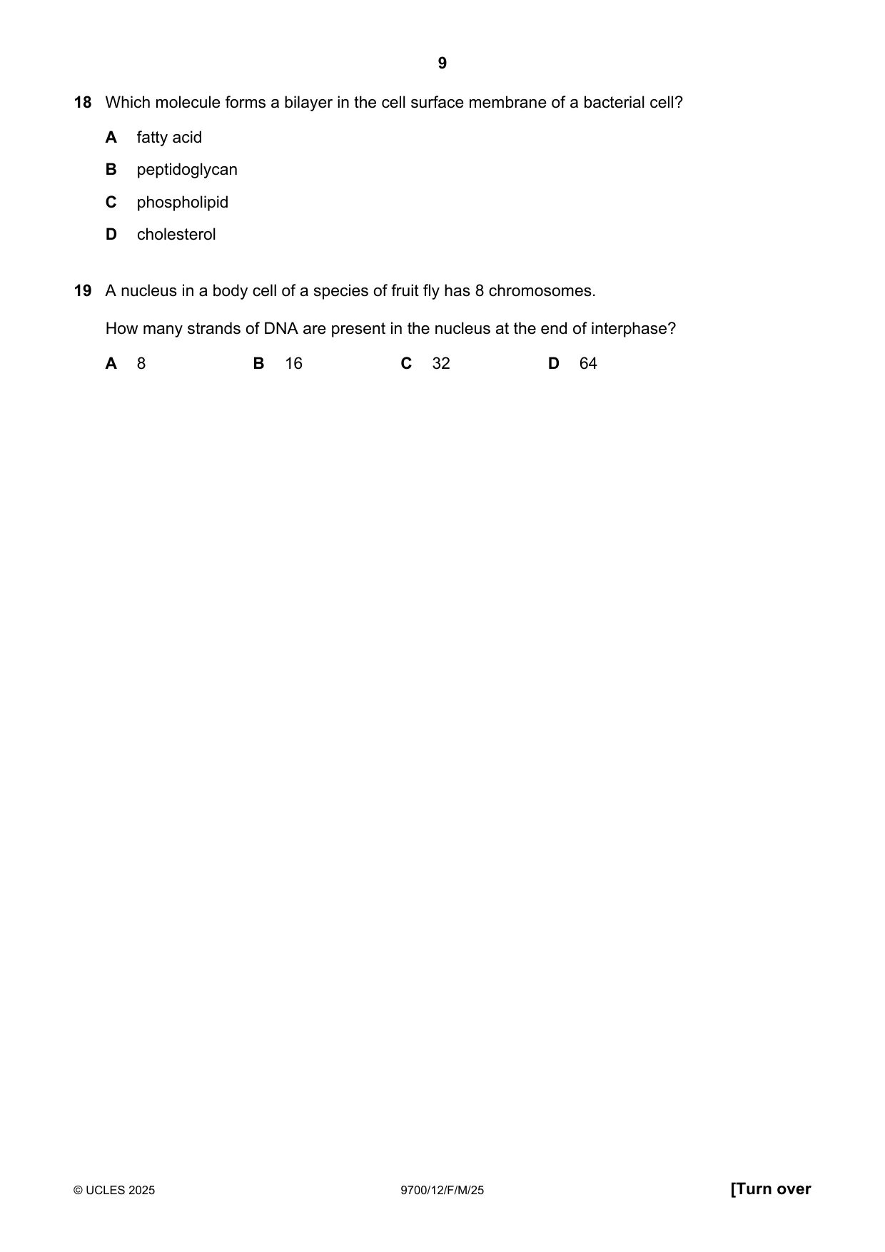 Cambridge A Level Biology 9700 2025 Feb/March Paper 1 · Variant 2 question paper, page 9 of 16