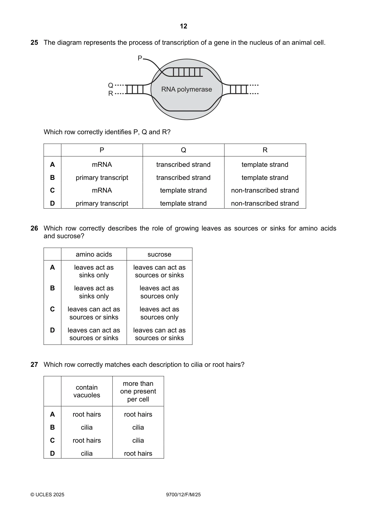 Cambridge A Level Biology 9700 2025 Feb/March Paper 1 · Variant 2 question paper, page 12 of 16