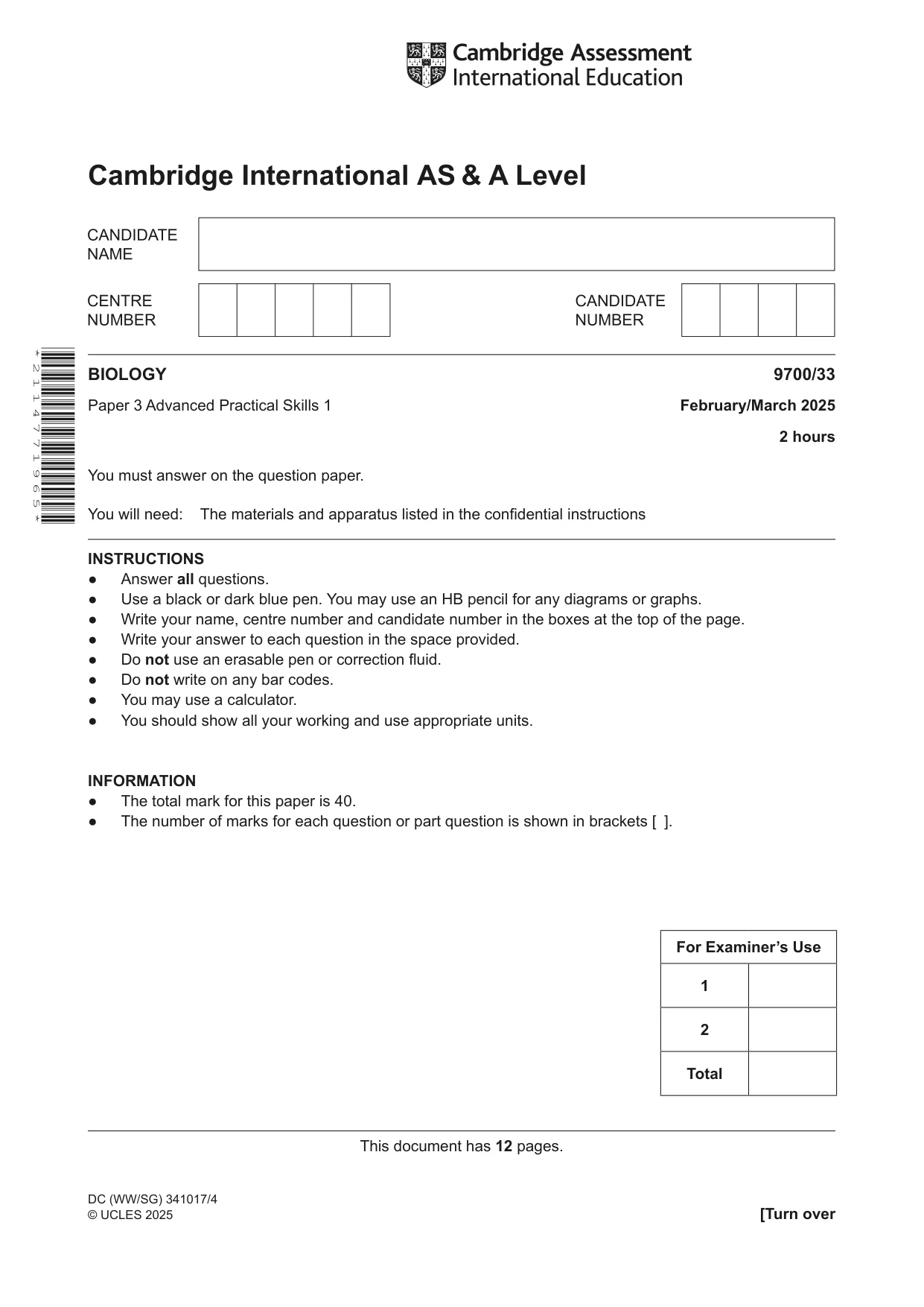 Cambridge A Level Biology 9700 2025 Feb/March Paper 3 · Variant 3 question paper, page 1 of 12