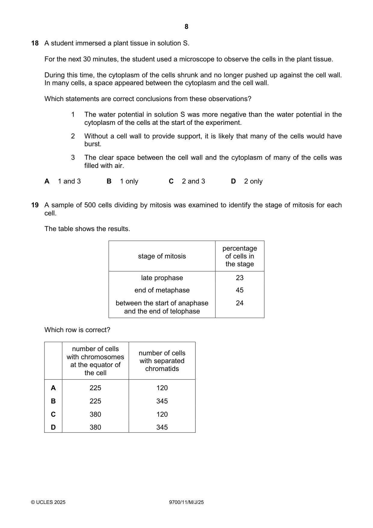 Cambridge A Level Biology 9700 2025 May/June Paper 1 · Variant 1 question paper, page 8 of 16