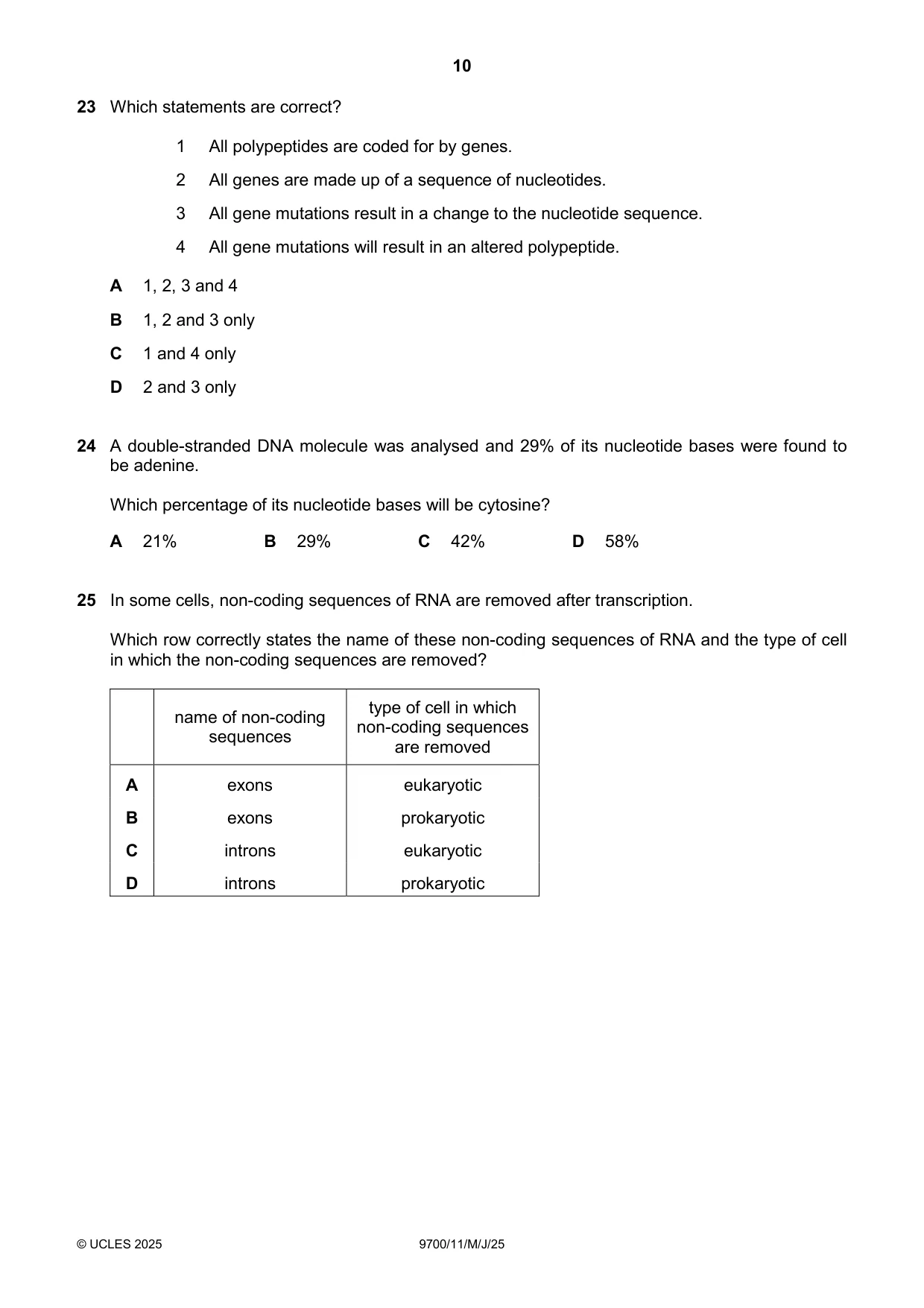 Cambridge A Level Biology 9700 2025 May/June Paper 1 · Variant 1 question paper, page 10 of 16