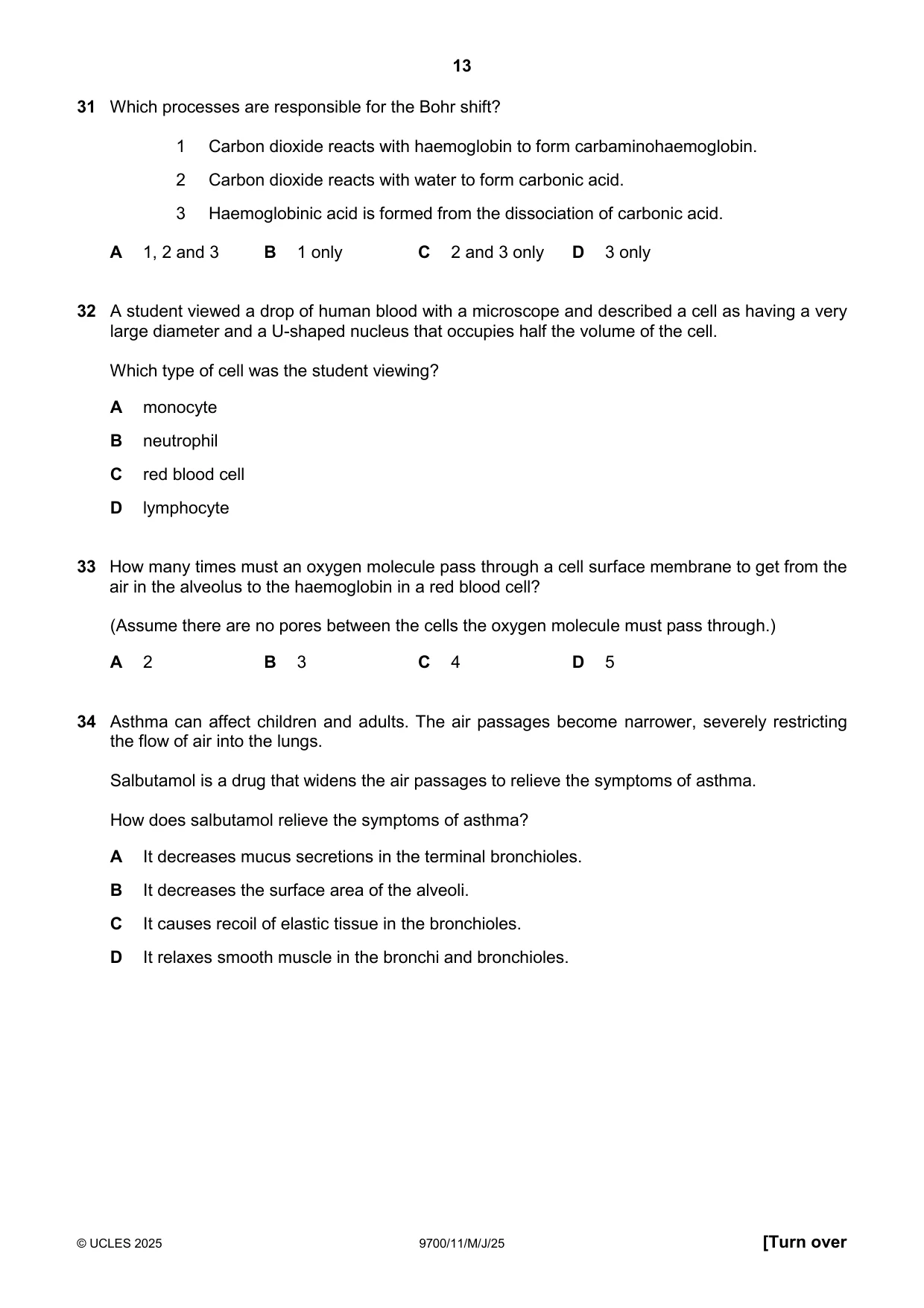 Cambridge A Level Biology 9700 2025 May/June Paper 1 · Variant 1 question paper, page 13 of 16