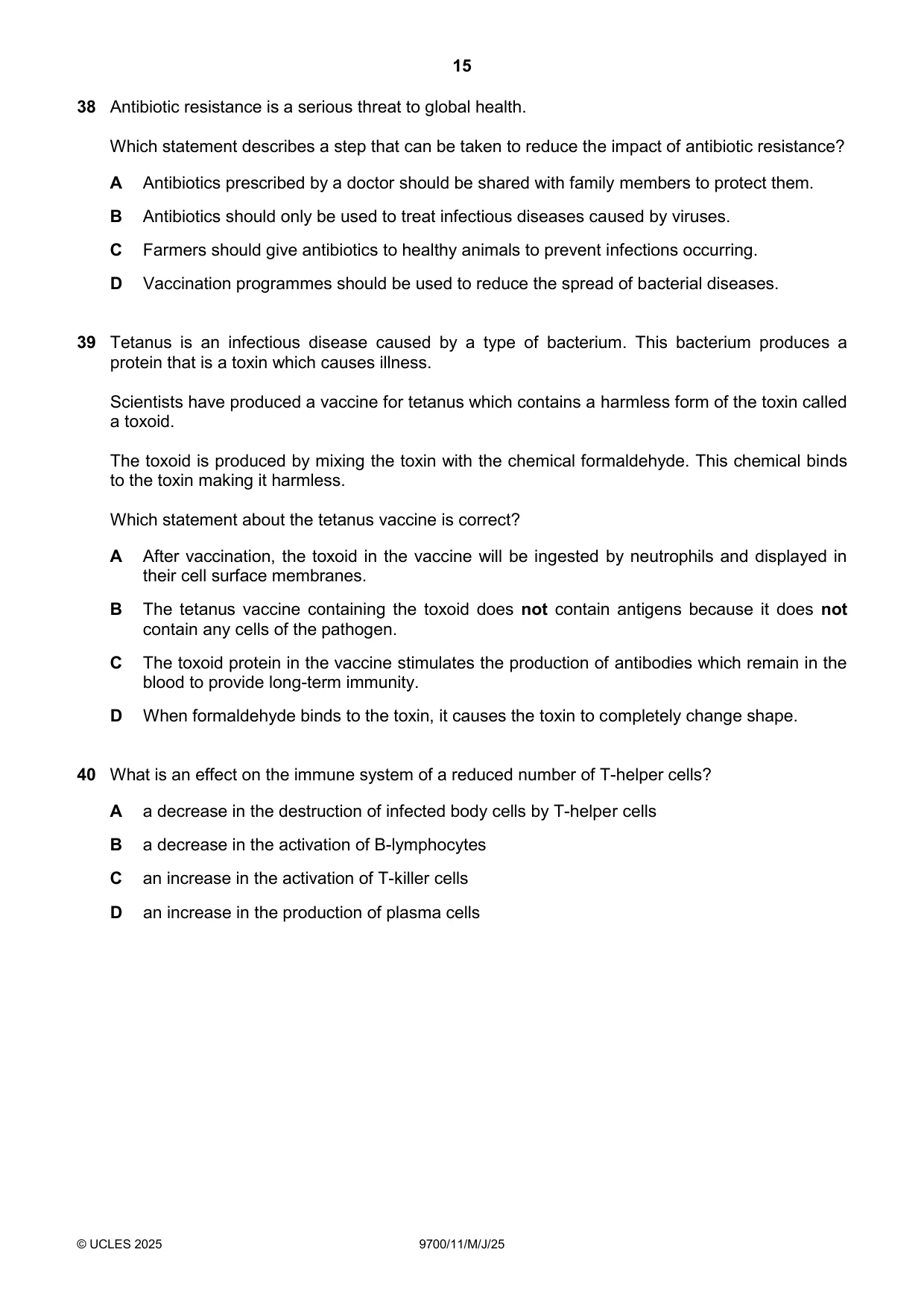 Cambridge A Level Biology 9700 2025 May/June Paper 1 · Variant 1 question paper, page 15 of 16