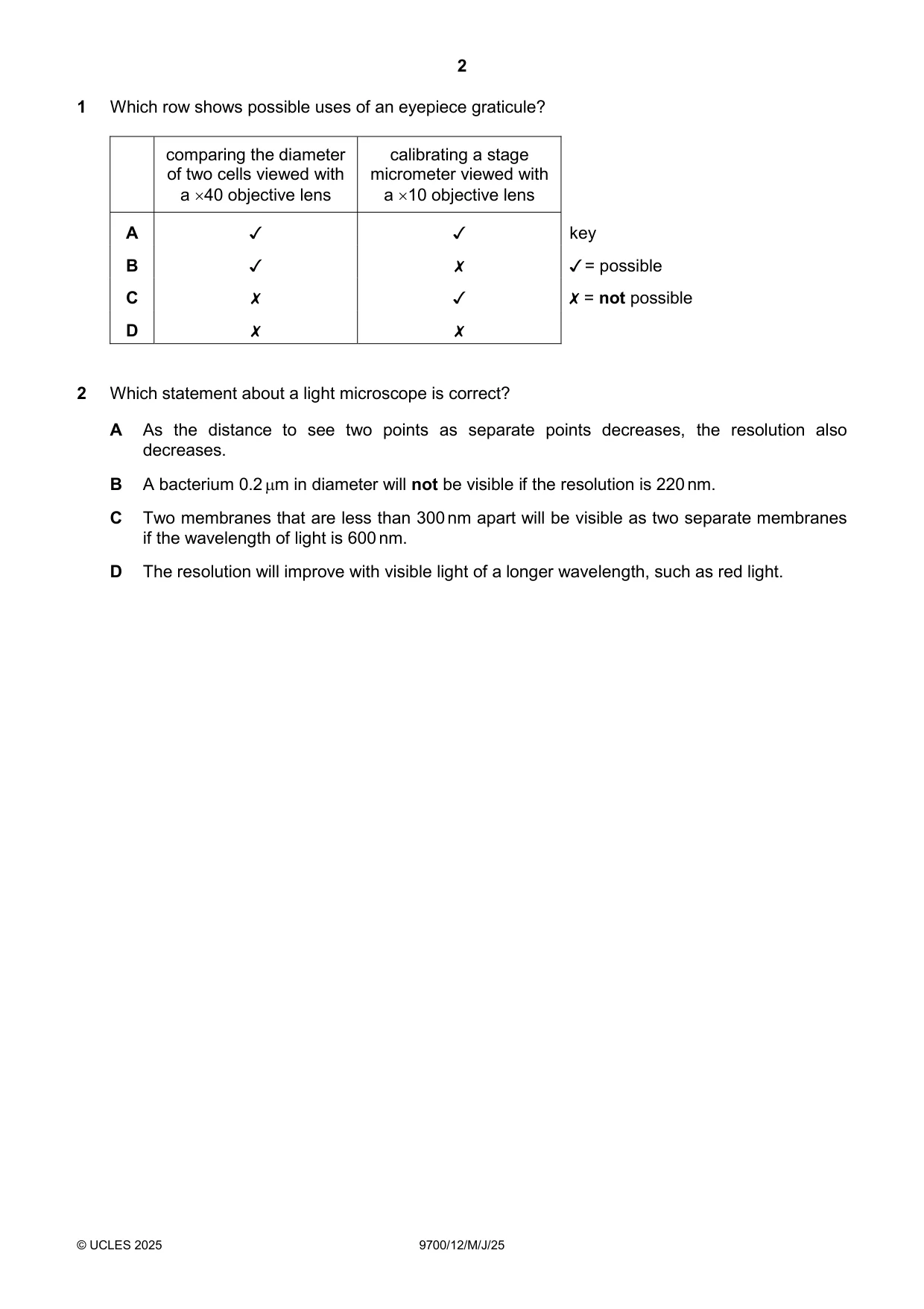 Cambridge A Level Biology 9700 2025 May/June Paper 1 · Variant 2 question paper, page 2 of 20