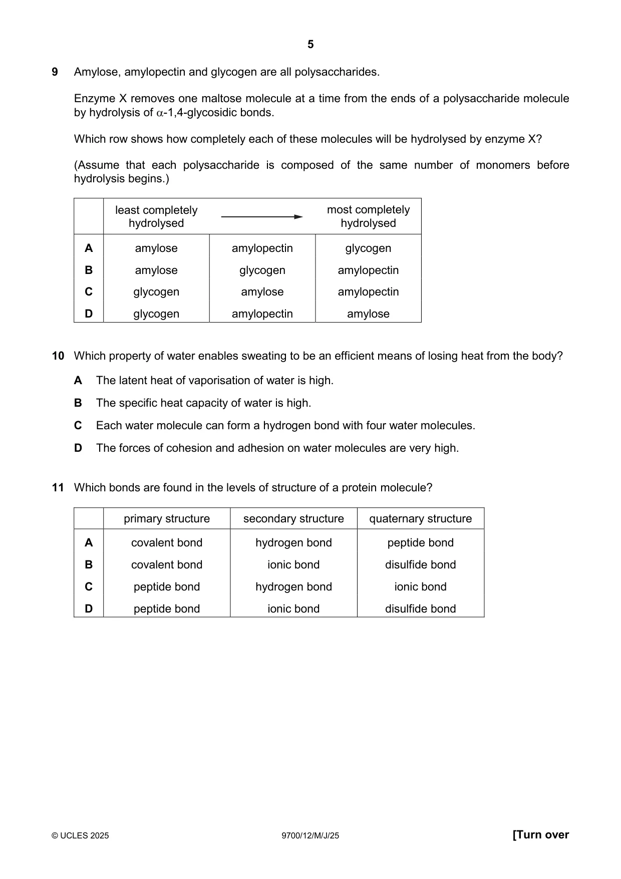 Cambridge A Level Biology 9700 2025 May/June Paper 1 · Variant 2 question paper, page 5 of 20
