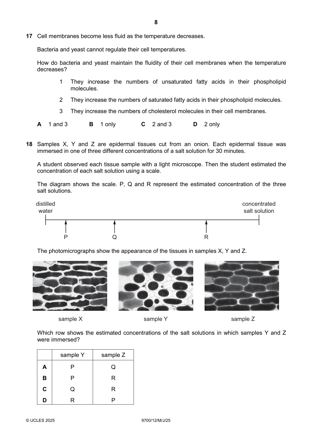 Cambridge A Level Biology 9700 2025 May/June Paper 1 · Variant 2 question paper, page 8 of 20