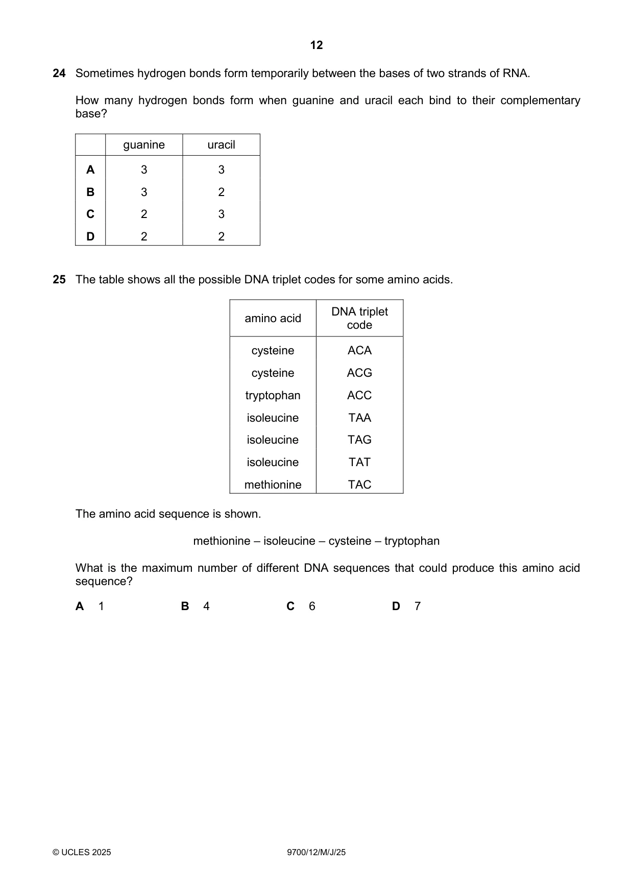Cambridge A Level Biology 9700 2025 May/June Paper 1 · Variant 2 question paper, page 12 of 20