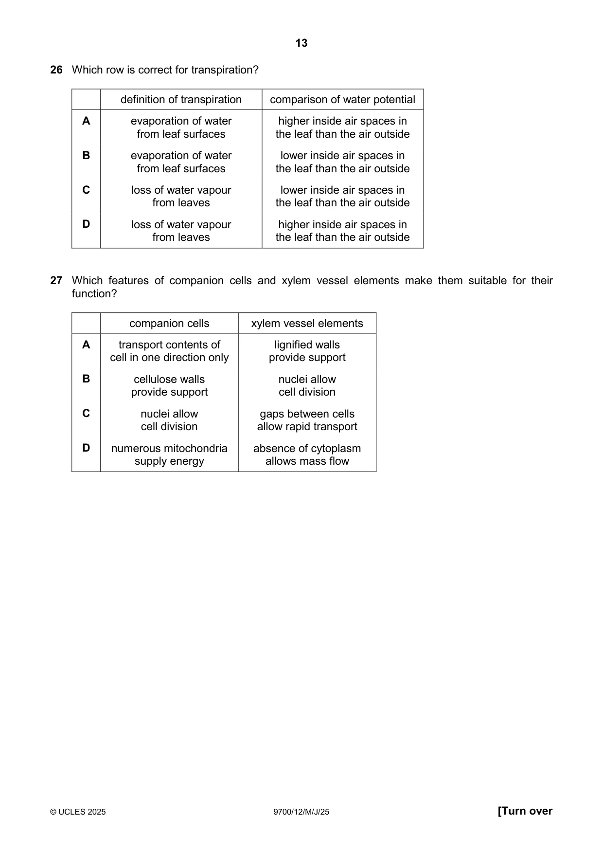 Cambridge A Level Biology 9700 2025 May/June Paper 1 · Variant 2 question paper, page 13 of 20