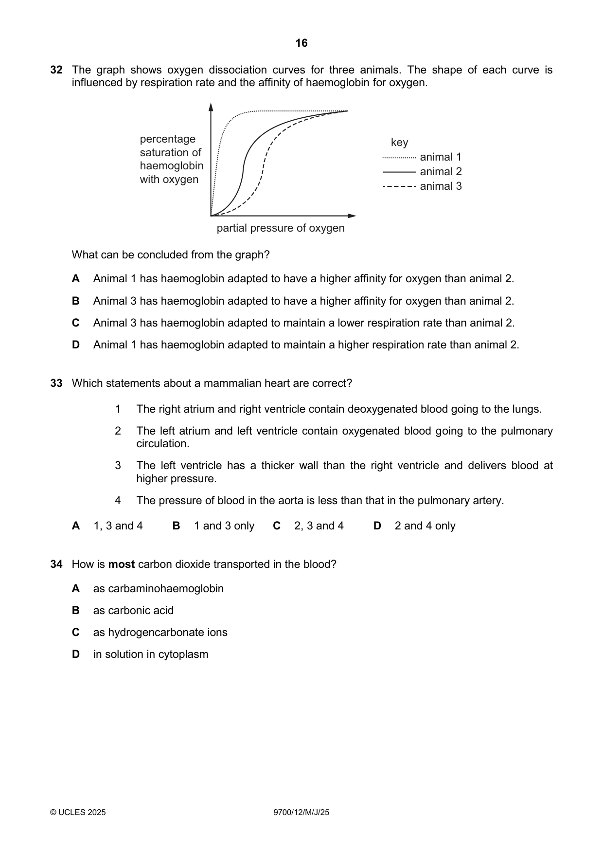 Cambridge A Level Biology 9700 2025 May/June Paper 1 · Variant 2 question paper, page 16 of 20