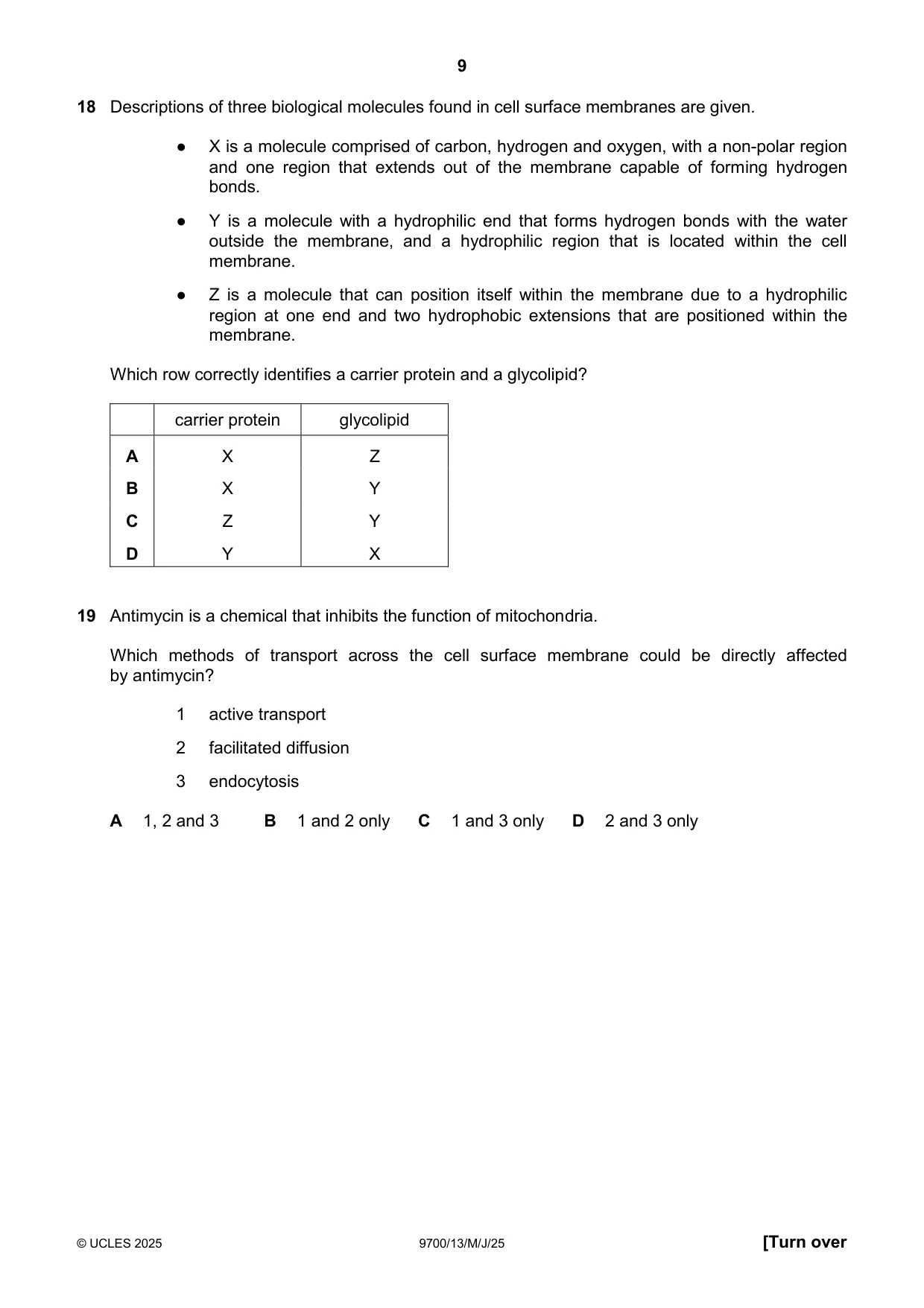 Cambridge A Level Biology 9700 2025 May/June Paper 1 · Variant 3 question paper, page 9 of 20