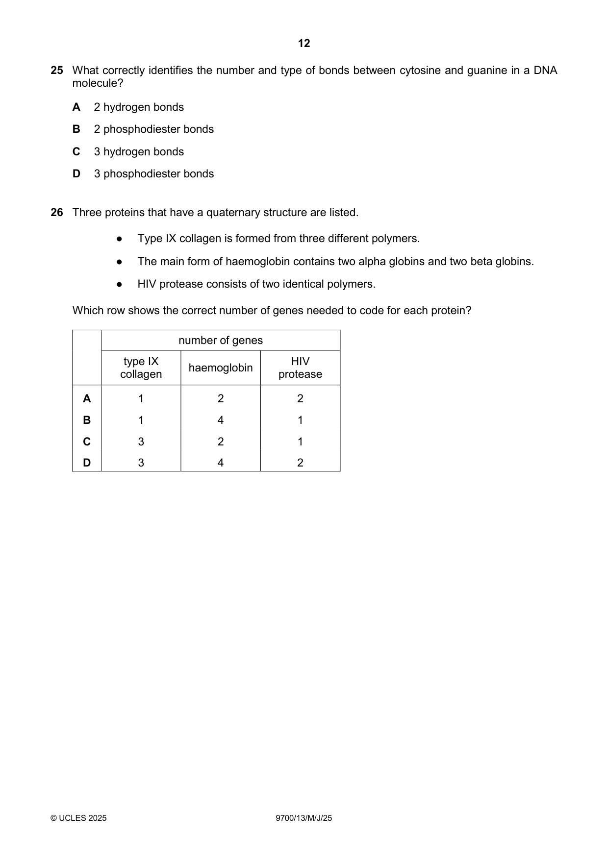 Cambridge A Level Biology 9700 2025 May/June Paper 1 · Variant 3 question paper, page 12 of 20