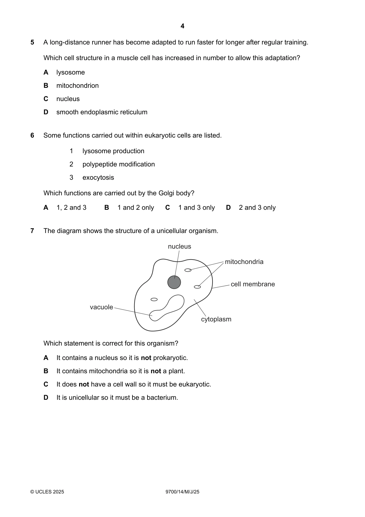 Cambridge A Level Biology 9700 2025 May/June Paper 1 · Variant 4 question paper, page 4 of 20