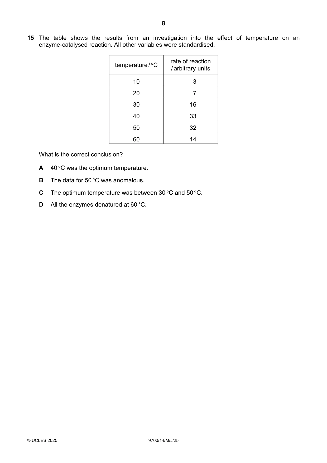 Cambridge A Level Biology 9700 2025 May/June Paper 1 · Variant 4 question paper, page 8 of 20
