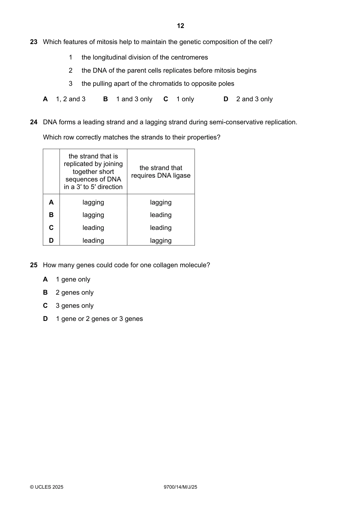 Cambridge A Level Biology 9700 2025 May/June Paper 1 · Variant 4 question paper, page 12 of 20