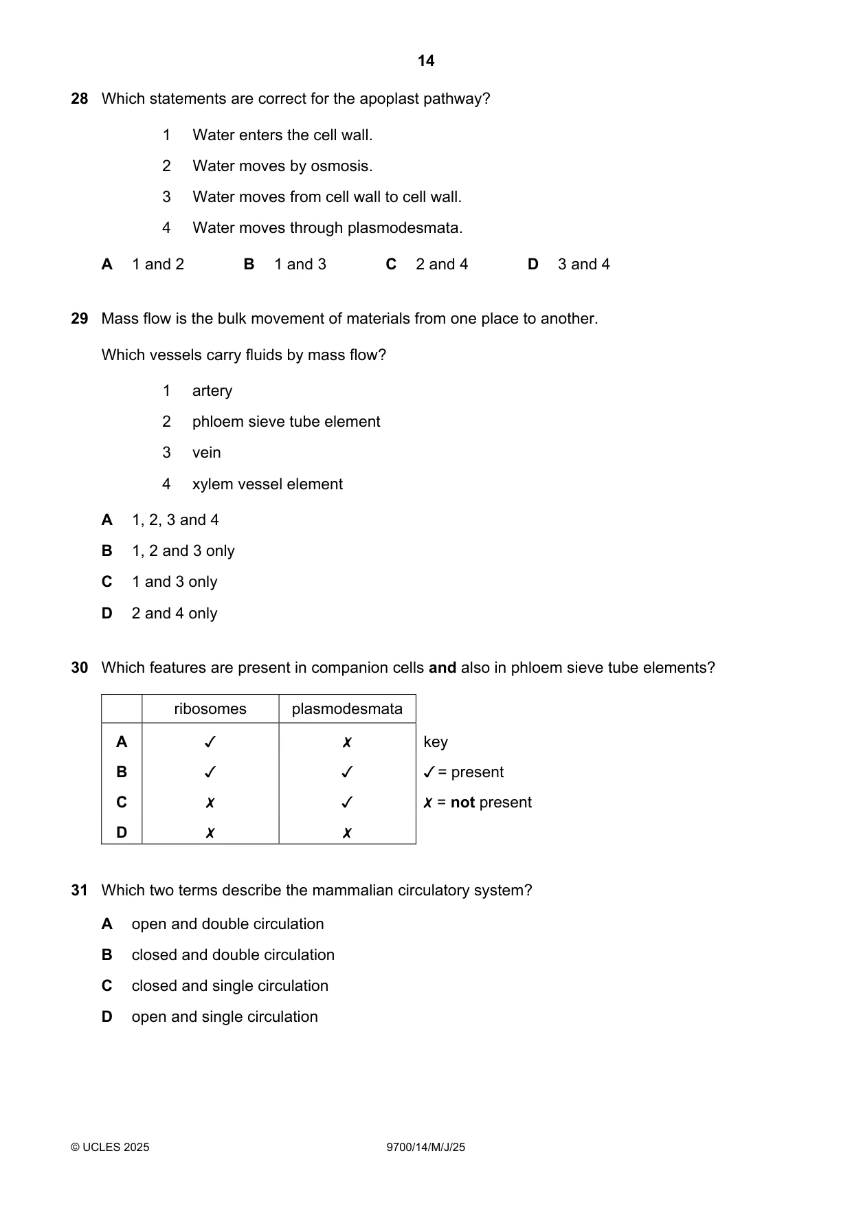 Cambridge A Level Biology 9700 2025 May/June Paper 1 · Variant 4 question paper, page 14 of 20