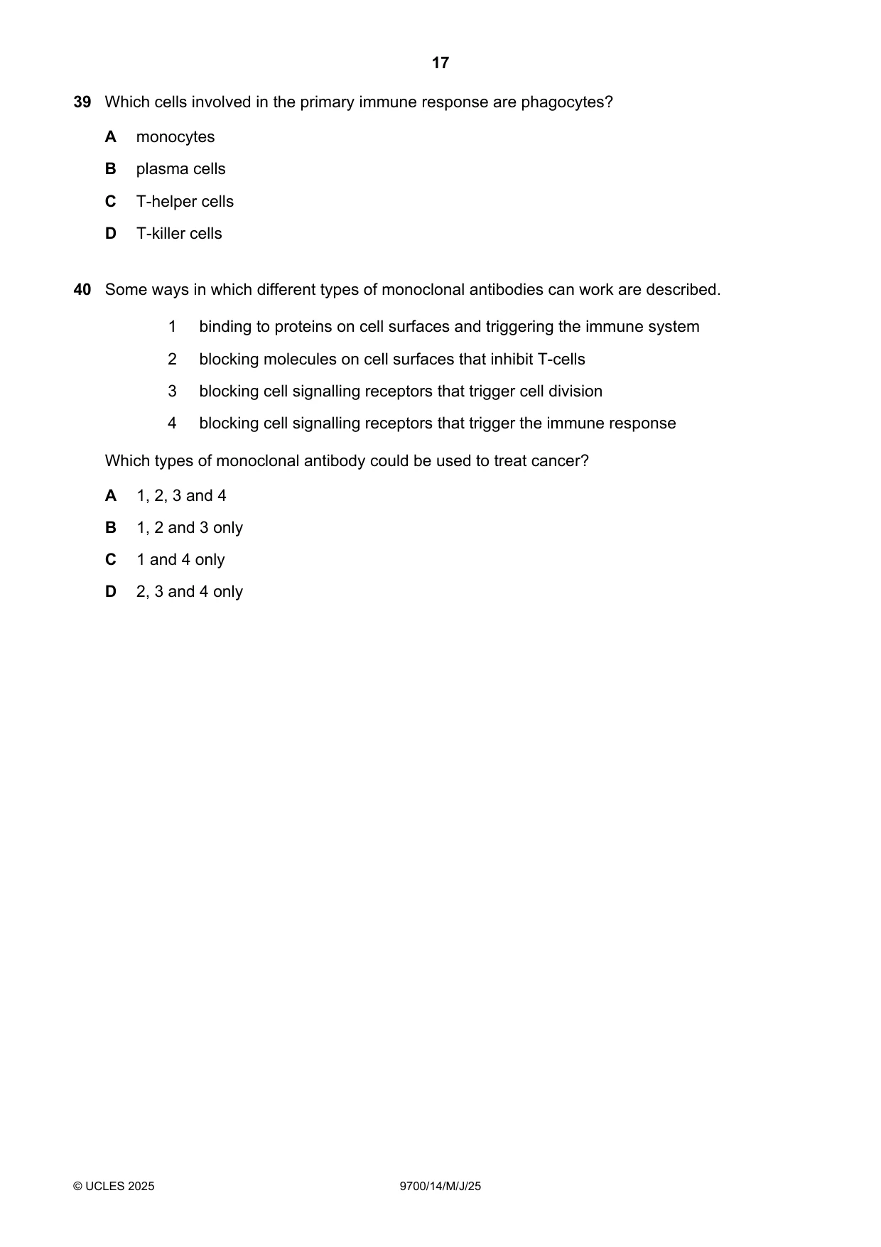 Cambridge A Level Biology 9700 2025 May/June Paper 1 · Variant 4 question paper, page 17 of 20